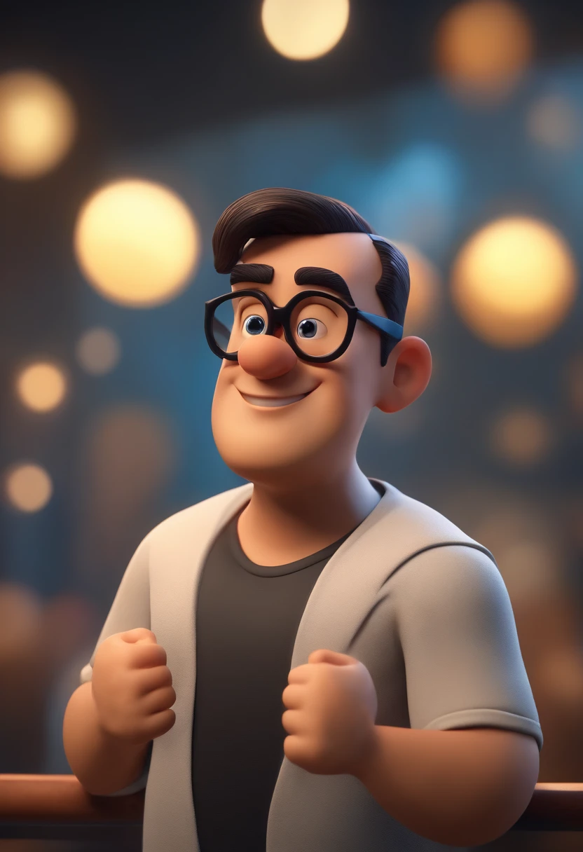 Cartoon character of a man wearing black glasses and a blue shirt, um personagem animado, Caractere estilizado, animation style rendering, 3D estilizado, Arnold Maya render, 3 d render stylized, toon render keyshot, Personagem 3D, Personagem 3D, 3d rendering stylized, 3 d character render, personagem de desenho animado, Personagem de close up, Pose de personagem, (Estilo Pixar) (master part:1.2) (Bokeh) (best quality) (pele detalhada) (textura detalhada) (8k) (argila) (Cinematic lighting) (foco nítido,Senta e vaza a parte superior do corpo