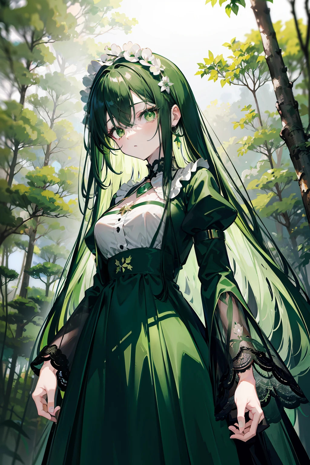 anime girl, long dark green hair, green emerald pendant, beautiful outfit, standing in a dense forest with a beautiful black and white long sleeved dress, dark environment, head tilted up to the camera, camera looking down on her, lace, black hair accessories on her head, beautiful green eyes, detailed, good anatomy, high resolution