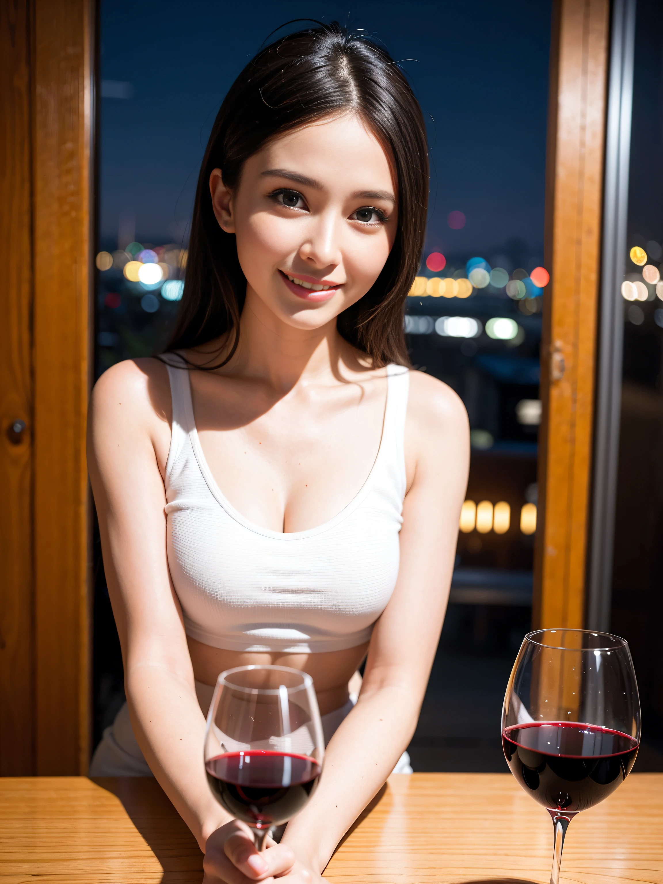 (64K, UHD, top quality, masterpiece: 1.2), (realistic, photorealistic: 1.37), super detailed, pretty woman 1 person, (slim face), (slim body), (brown hair), (short cut), cheeks slightly blushing, (44 years old), 38 years old, solo, beautiful detailed urban night view outside the window, restaurant, wine glasses sit, at night, in a prominent placeNovaFrogStyle, Actress, Model, Waist Up, White Wine, Slim, Wine Glass, Super Clean Night View, Wine Glass Put in the Middle, Happy Smile, (Smile: 1.15), Beautiful Fine Eyes, Upper Body, Bust Japan Up, Night, Short, Short, Actress, Model, Waist Up, White Wine, Slim, Wine Glass, Super Clean Night View, Wine Glass Put in the Middle, Happy Smile,