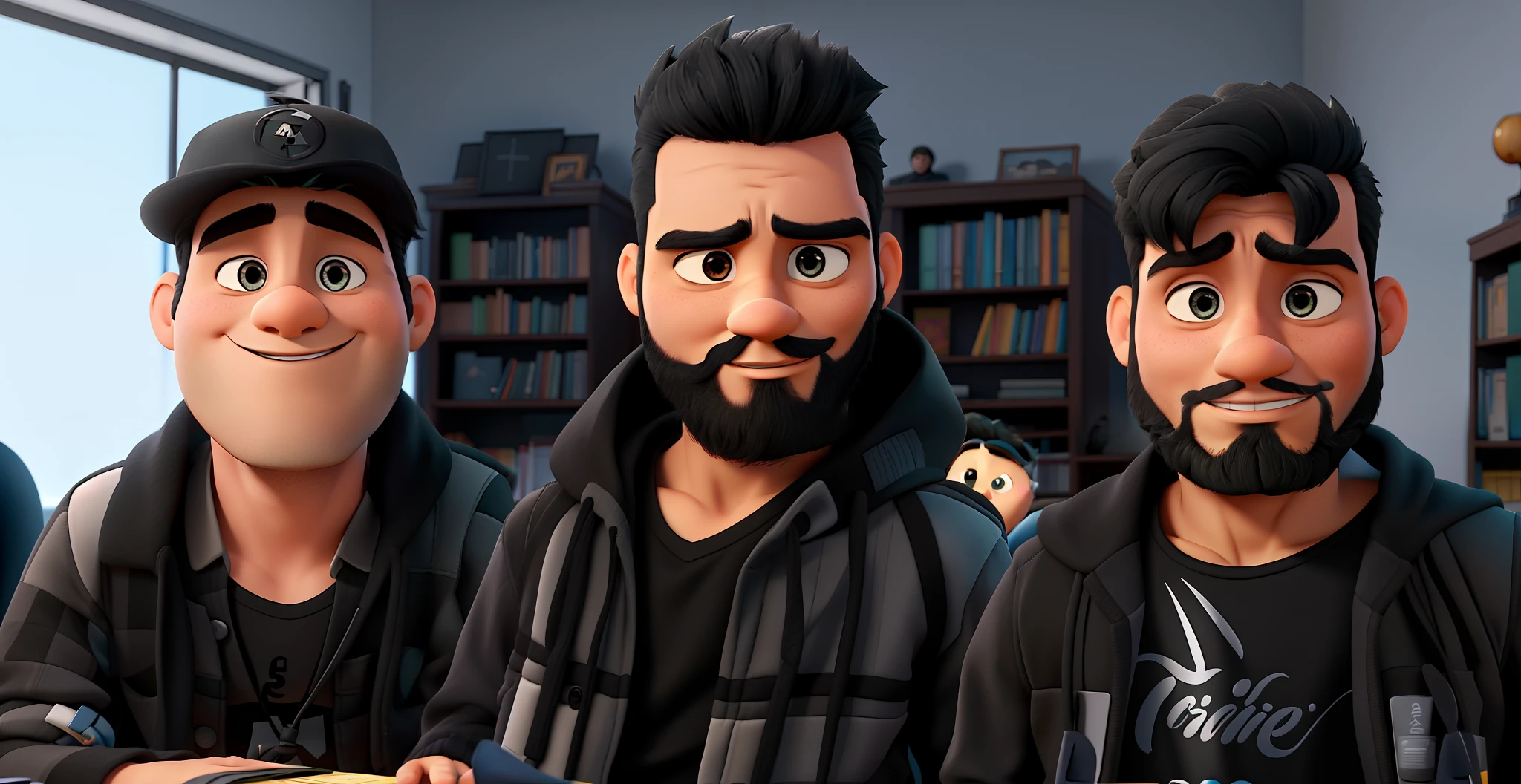 Three Men with all Black cloth Disney Pixar style, alta qualidade, melhor qualidade, pano de fundo biblioteca