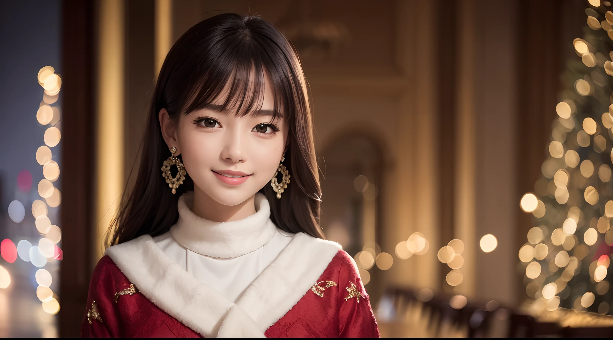 masterpiece, award winning, super detail, high quality, 8k, girl, solo, smile, earrings, fashionable clothes, portrait style, a hotel decorated with illuminations, theme color is off white, accent color is red, bokeh, illumination background, night view, in winter, on a bright sunny day, in the night, soft lighting, lovely, heartfelt