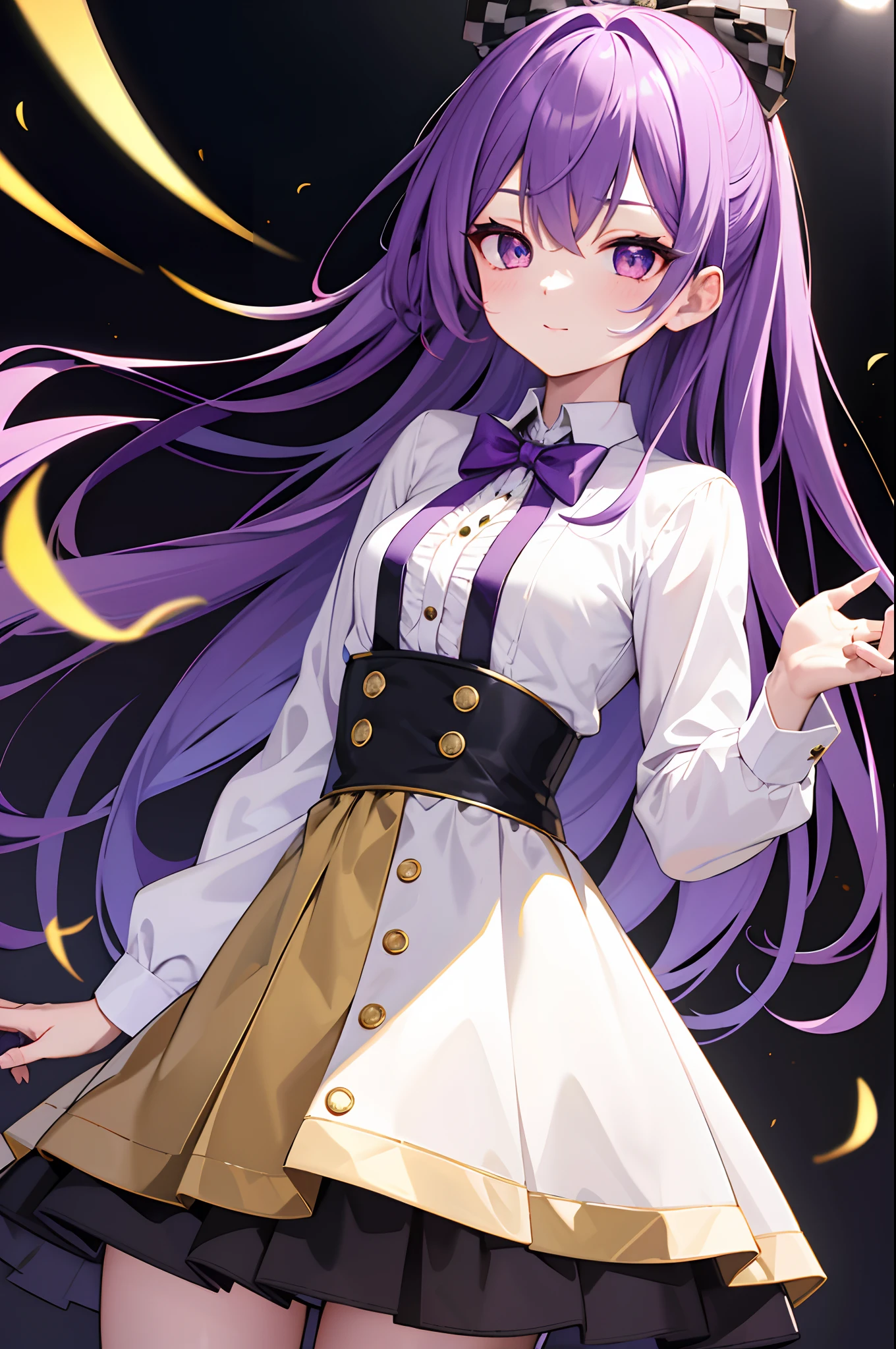 1idol, violet hair, gold eyes, wearing gold eyes checkered skirt, plaine white button up shirt with gold eyes bow , absurdres, high res, ultrasharp, 8K, masterpiece