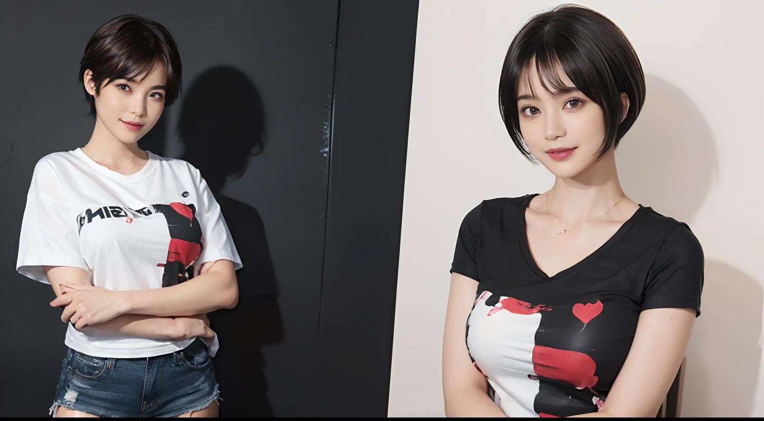 86
(a 20 yo woman,is standing), (A hyper-realistic), (Masterpiece), ((short-hair:1.46)), (Smooth black hair), (breast:1.0), (kindly smile), Wearing shorts, (Wearing a T-shirt with a character design print), (Beautiful skin:1.5), Big paintings