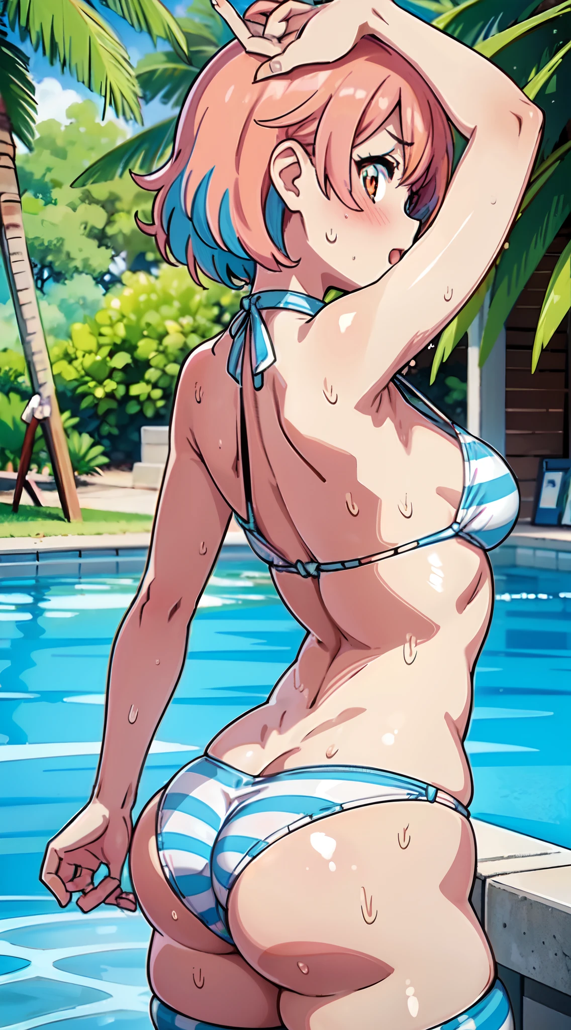 (Perfect body),Best Quality,16 K、(((((Lori)))))、((Light blue striped bikini))、()、(((blush)))、I have my mouth wide open、:D、V-shaped eyebrow、short-hair、((((waved hair))))、Ahoge、(Orange Eyes),((Pink hair)),(Sweat)、((Big ass))、((((flat chest))))、(((thick thighs)))、Armpits、Hands behind the head、in poolside、((from behind))