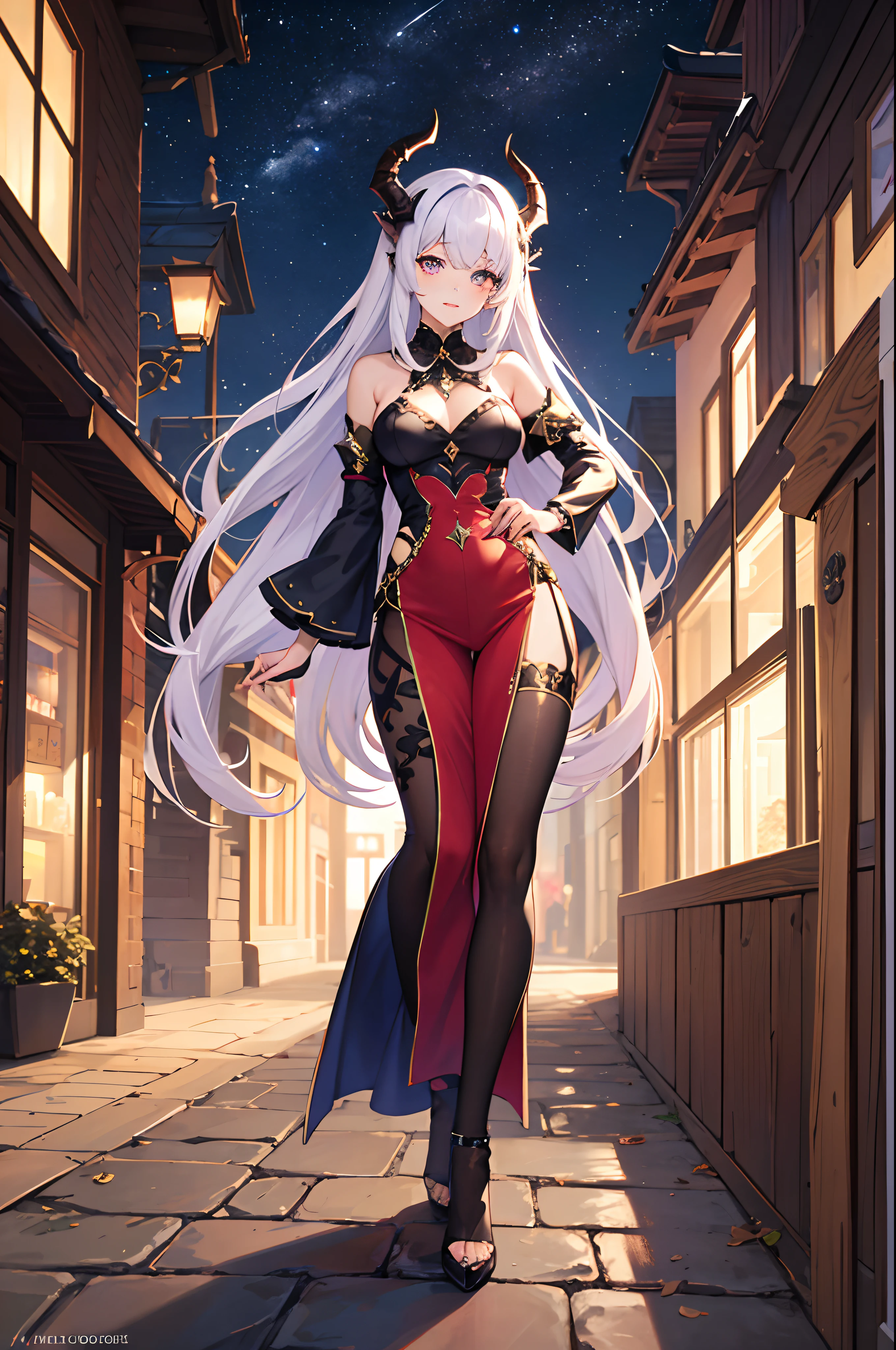 (masterpiece), best quality, kind, dragon woman, late 20s, feminine, heterochromatic eyes, curved horns, long pastel purple hair, starry night, modern clothing, himedere