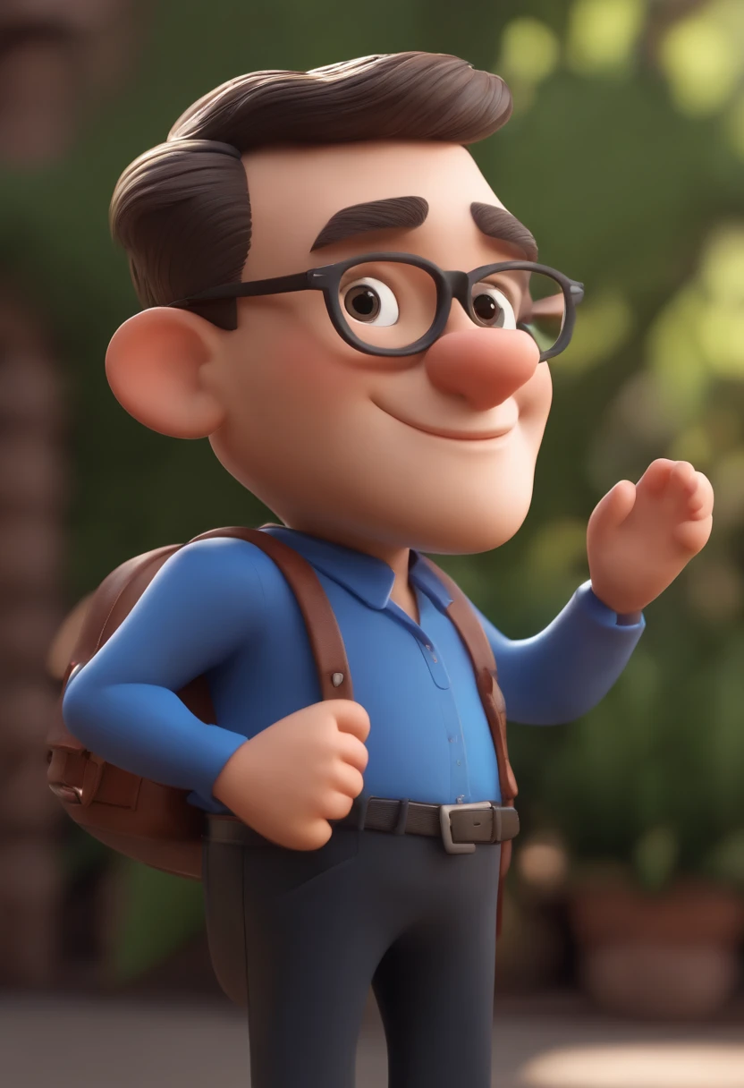 Cartoon character of a man wearing black glasses and a blue shirt, um personagem animado, Caractere estilizado, animation style rendering, 3D estilizado, Arnold Maya render, 3 d render stylized, toon render keyshot, Personagem 3D, Personagem 3D, 3d rendering stylized, 3 d character render, personagem de desenho animado, Personagem de close up, Pose de personagem, (Estilo Pixar) (master part:1.2) (Bokeh) (best quality) (pele detalhada) (textura detalhada) (8k) (argila) (Cinematic lighting) (foco nítido,Senta e vaza a parte superior do corpo