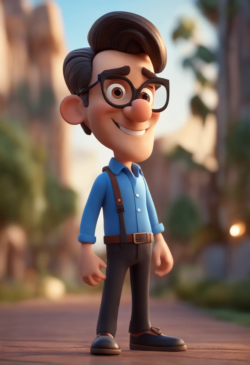 Cartoon character of a man wearing black glasses and a blue shirt, um personagem animado, Caractere estilizado, animation style rendering, 3D estilizado, Arnold Maya render, 3 d render stylized, toon render keyshot, Personagem 3D, Personagem 3D, 3d rendering stylized, 3 d character render, personagem de desenho animado, Personagem de close up, Pose de personagem, (Estilo Pixar) (master part:1.2) (Bokeh) (best quality) (pele detalhada) (textura detalhada) (8k) (argila) (Cinematic lighting) (foco nítido,Senta e vaza a parte superior do corpo