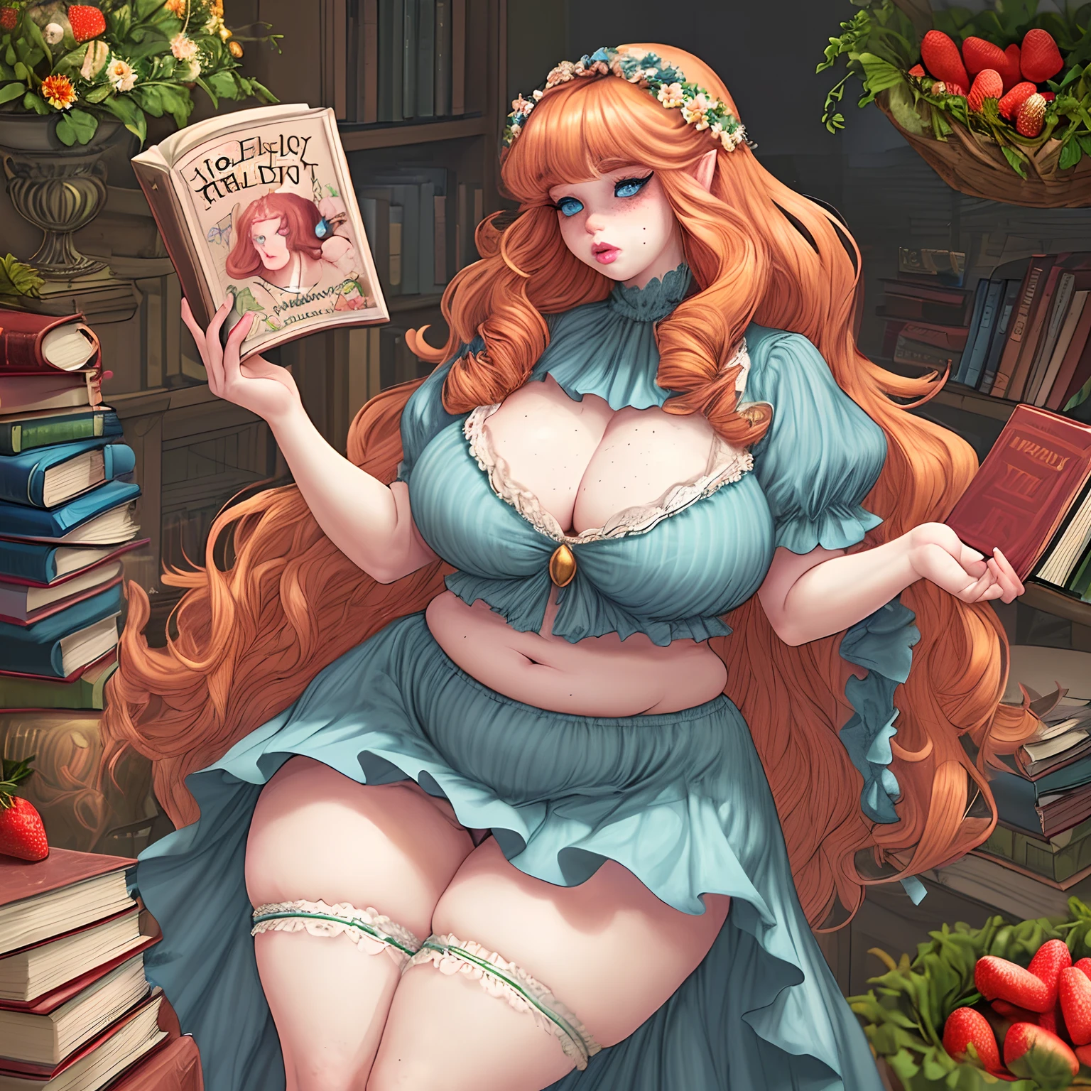 chubby, big hips, big waist, big thighs, little waist, soft, long hair with curled tips, pale skin, freckles, strawberry blonde, blue eyes, big eyelashes, big lips, flowers, books