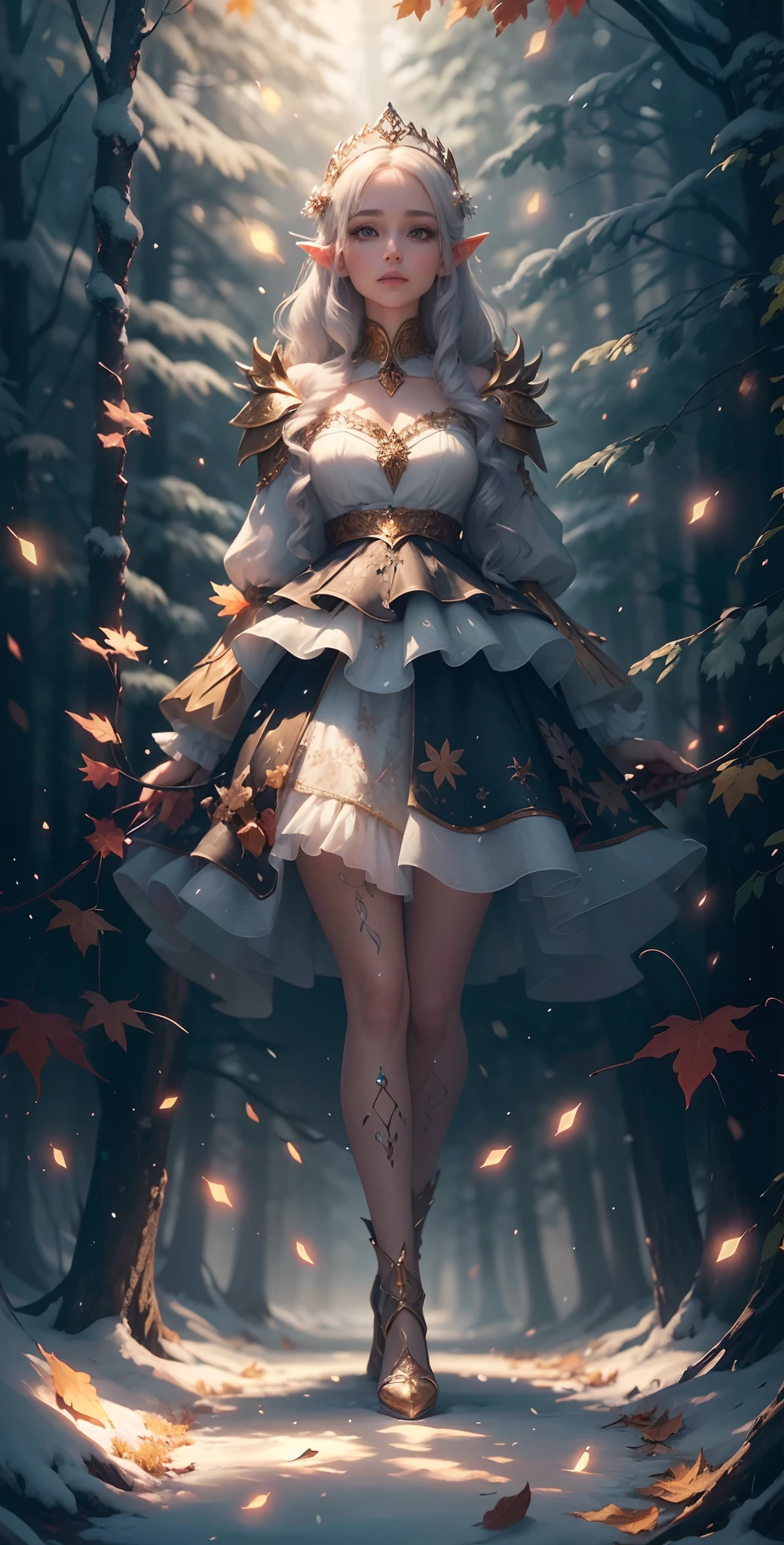 An full body shot of an Elfgirl wearing a subtle autumn multi-color skirt shaped like a mushroom, on her head she wears a crown of autumn leaves twigs and flowers, in a plush autumn forest clearing which is the forest shimmers with an almost faint bioluminescents, dark as night, a lighted forest clearing at evening 8k Generate a pretty and realistic fantasy artwork with bold jewel-toned hues, pretty glitter and shimmer, and lots of snowflakes. Generate a luminous and petite woman with curly hair, metallic hair, and realistically textured hair. Her skin is pure white and seems to glow in the light. The woman's face is important: include ((soft, puffy, big lips, elegant features, and the most beautiful detailed macro eyes)) in the world. The woman is in a winter landscape with soft falling snow and snowflakes, soft white fur, subtle iridescent details, subtle phantasmal iridescent details, and intricate and delicate jewelry that glimmers in the light. Include many small fantasy details like gossamer silk, feathers, delicate and stunning embroidery, and luminous lighting that glimmers. The woman's face is unobscured by details and her eyes are sharp and in high resolution. Incorporate dreamy colors, dynamic lighting, and detailed background elements to create a sense of awe and immersion. Include colorful flying magical birds and jewel-toned butterflies radiating a magical aura. Consider the latest trends in fantasy art, such as incorporating unique lighting effects, exploring dynamic and compelling composition techniques, and experimenting with unique color palettes. Take inspiration from the top artists on ArtStation and Midjourney. Camera: Choose an angle that highlights the character's beauty and enhances the magical majesty of the artwork. Lighting: Utilize atmospheric lighting techniques to create depth and mood. Resolution: Aim for a high-resolution artwork to showcase intricate details and clarity. Art Inspirations: Seek inspiration from the trending artists on