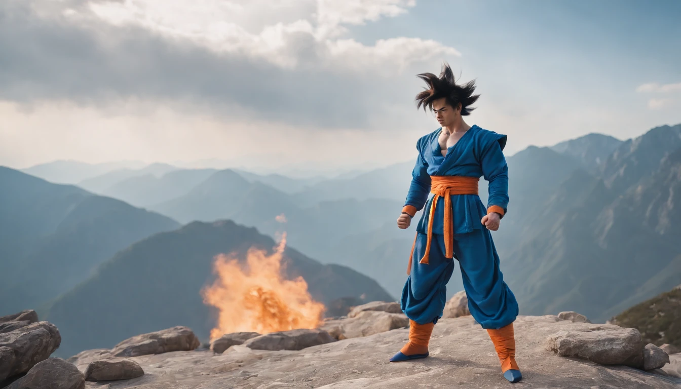 Super Saiyan Blue Goku, outdoors Martial arts training, standing atop a huge mountain