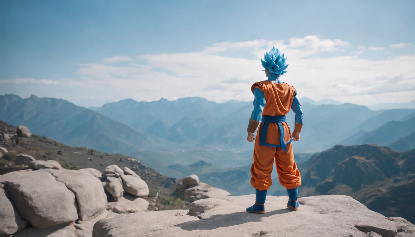Super Saiyan Blue Goku, outdoors Martial arts training, standing atop a huge mountain