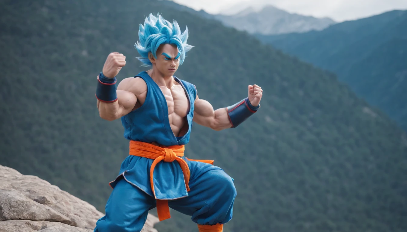 Super Saiyan Blue Goku, outdoors Martial arts training, standing atop a huge mountain