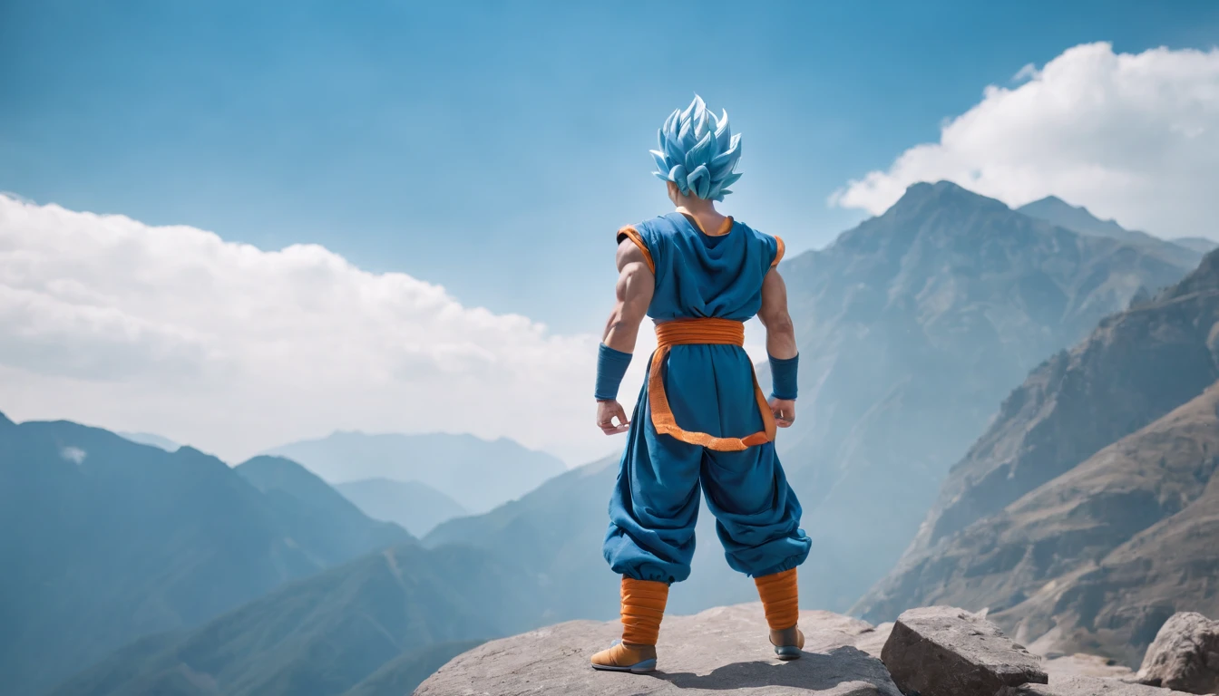 Super Saiyan Blue Goku, outdoors Martial arts training, standing atop a huge mountain