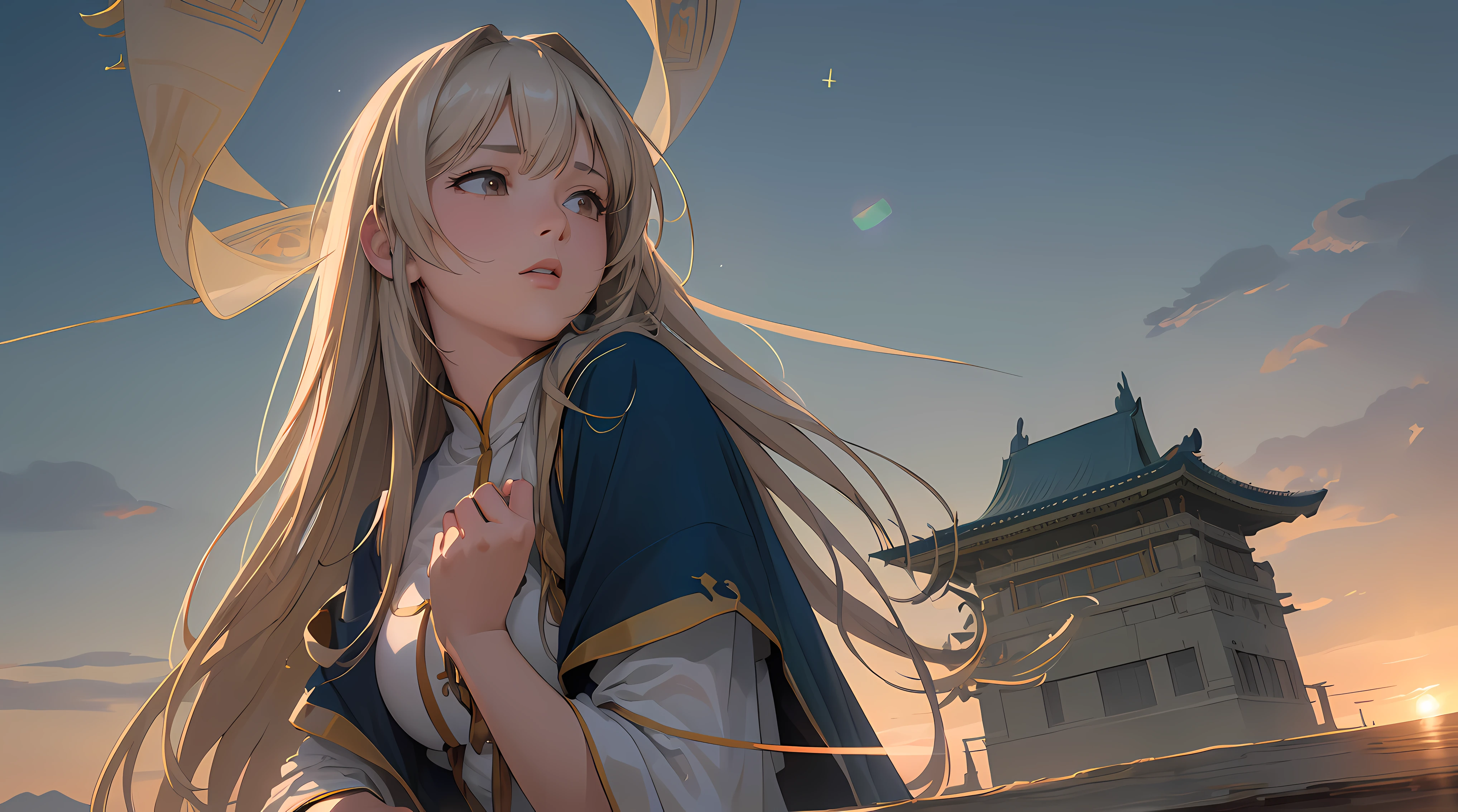 (RAW photo, best quality), (realistic, photo-realistic:1.3),best quality,highly detailed,masterpiece,ultra-detailed,illustration,1girl,upper_body,dynamic angle,world masterpiece theater,messy_long_hair,best quality,extremely detailed CG unity 8k wallpaper,ink,Amazing,cinematic lighting,lens_flare, dunhuang_style