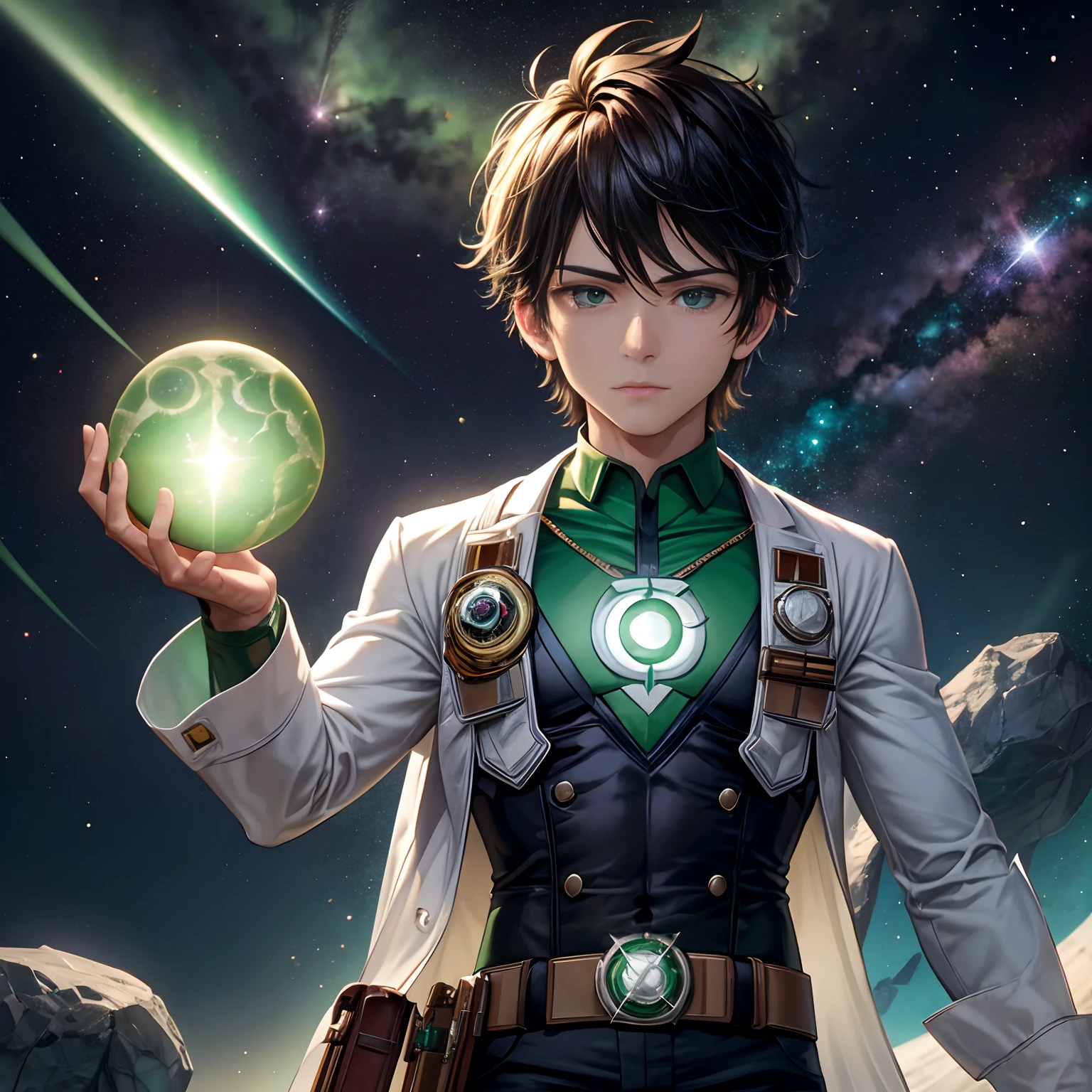 Green Lantern sits on a research platform floating in the middle of the asteroid belt. He studies with a notebook, It is surrounded by several asteroids that emit fiery rings. Dramatic lighting from distant stars and planets illuminates the scene, casting deep shadows on the costume. The young man looks confident and determined, looking at the vast and mysterious universe with wonder and respect, Facial hair, Cowboy shot,