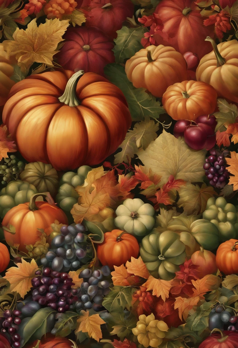 Beautiful repeating beauitful thanksgiving pattern in jewel tones, 3D effect, hyper realistic , pintrest, hex code colors 5ABCB9, 63E2C6, FB6376, 613F75, 0C6291 only, flowing, wallpaper, artistic