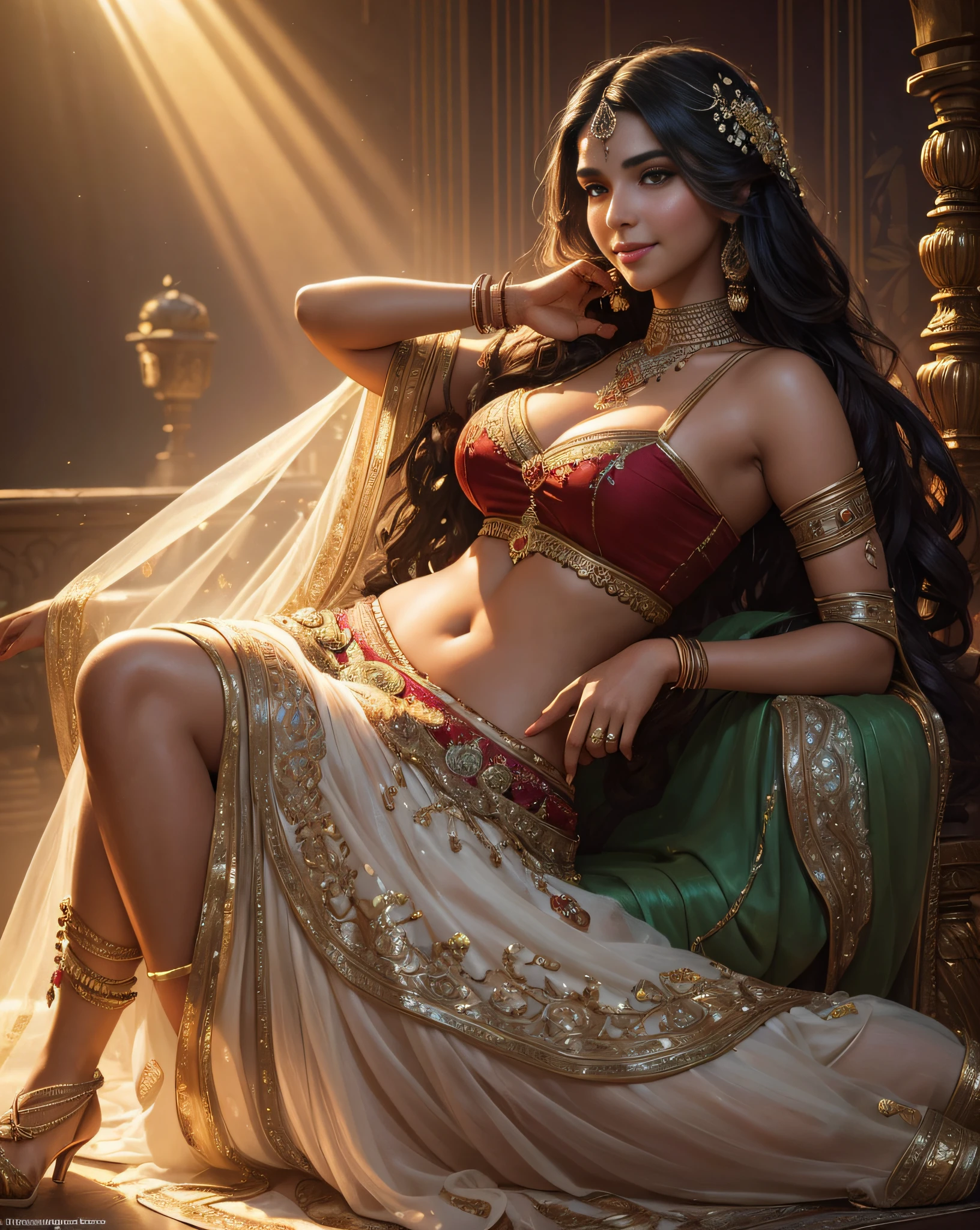 (masterpiece fantasy photography:1.3) of a (solo full body:1.3) ravishing elegant chubby supermodel Sonam Bajwa as persian bride, in a elegant garden wedding, wearing shimmering red lehenga and blouse, navel, glittering henna tattoos, lavish flower decorations, (ravishing long wavy backlit hair), enchanting, (glowing intricate eyes:1.3), (adorable smile:1.3) soft dramatic lighting, flower bouqets everywhere, backlit, light rays, highly detailed, trending on artstation, paint splashes, rich colour, fantasy portrait, by atey ghailan & greg Rutkowski