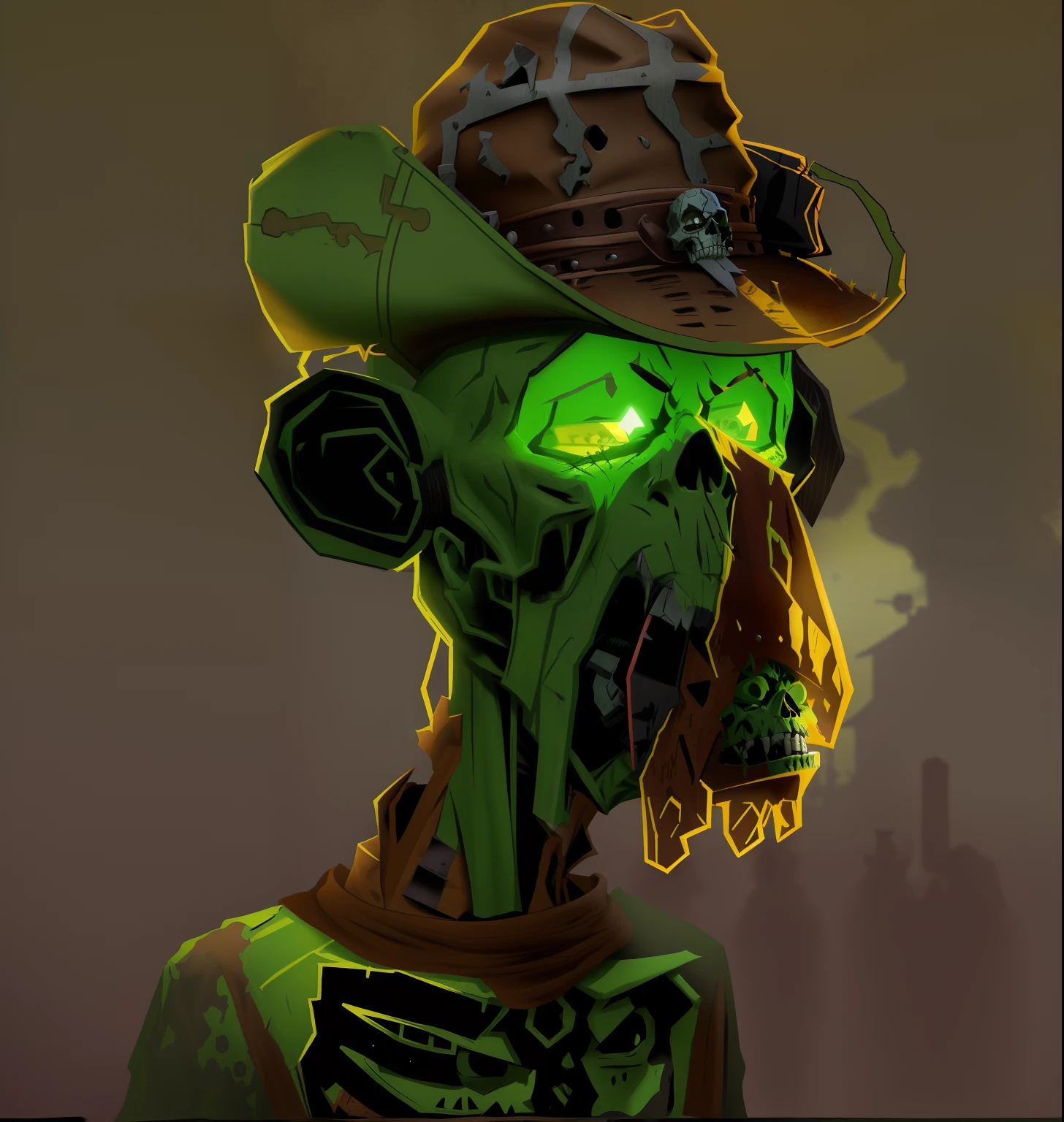 cartoon zombie with a hat and a skull on his head, post - apocalyptic cowboy, zombie in horror concept art, zombified, yoda as a zombie, skull, skeleton cowboy, finished concept art, grotty, sticky tar. concept art, senior concept artist, early cuyler, full color illustration, gorillaz phase 1, an undead desert lich pharaoh, zombie pirate