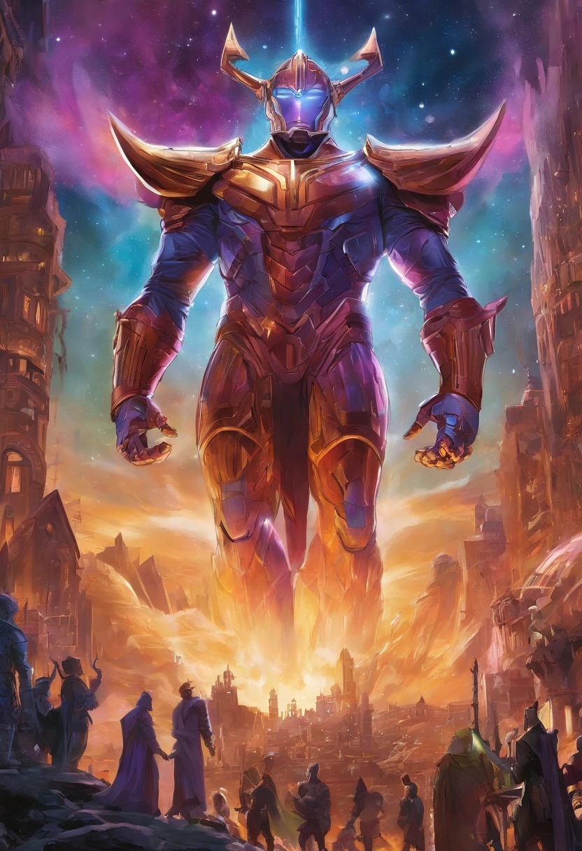 Marvel hero Galactus,The huge Galactus reaches out and grabs you, milky ways, Marvel's dark supervillain Galactus wears a mechanical costume,celestial armor,glittery, The sky was surrounded by lightning, The God of Darkness sits on Tron, full portrait of electromancer, Galactus from Marvel, psionic, Raziel,inspired by Joe Jusko, mark brooks detailed, Asgard German, mœbius + Art germ,overlooks,Look from the bottom up,mini city,Small building
