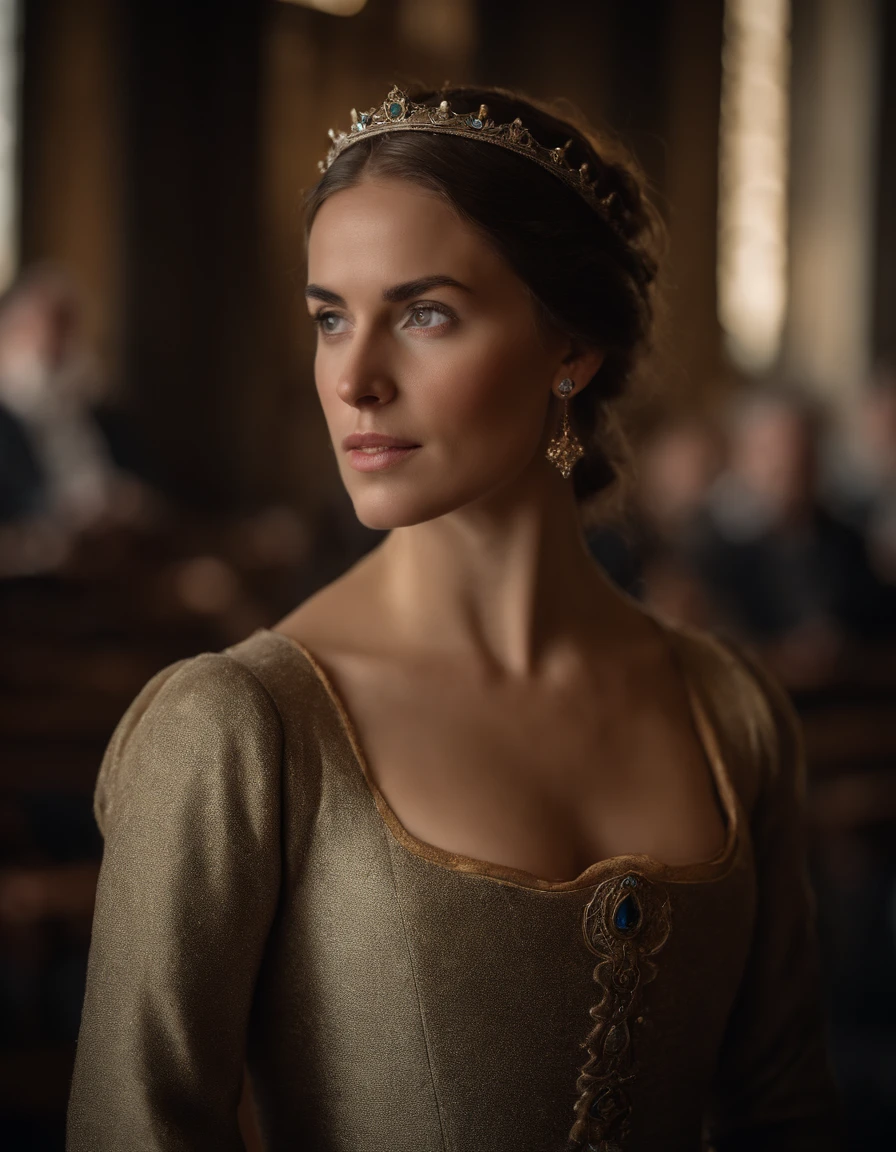 cinematic portrayal, ((parte superior do corpo)), facing the audience, (realidade :1.3), A foto de arte mais bonita do mundo, a woman looking into the camera, Vestido de corte medieval europeu, gorgeous, gaze macia, rosto bonito detalhado, Action Shooting, (intrincado :1.4), fundo medieval da corte, foto realista, CG, Art Station