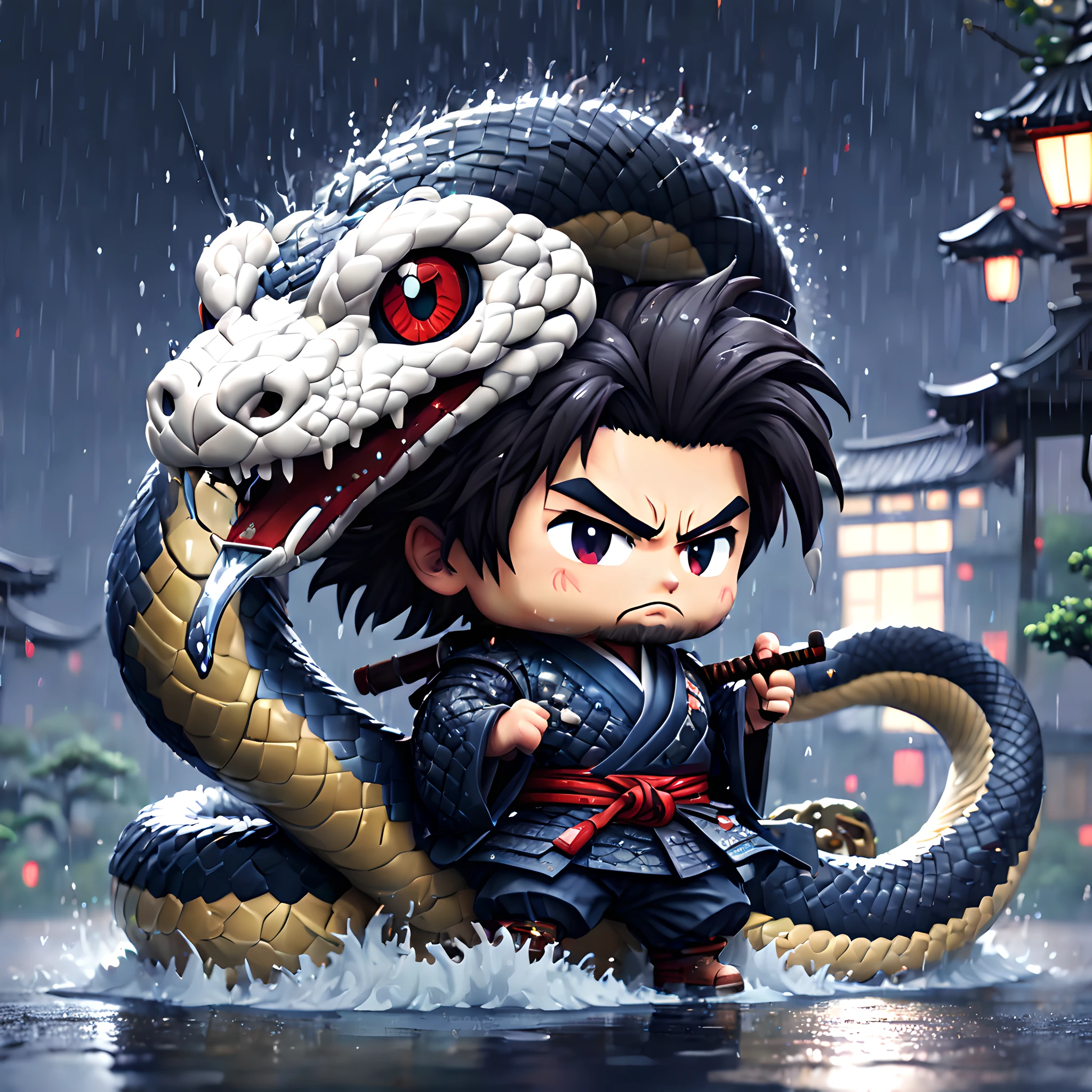 (Pixel art:1.5), (pixel theme:1.5), (chibi emote:1.5), (chibi character:1.5), (japanese game character:1.5), (fantasy:1.5), (rainy night:1.5), (heavy rain:1.5), (1japanse samurai:1.5), (1samurai and big snake:1.5), (Decisive Battlefield:1.5),(Big snake:1.5), (White Snake:1.5), (Yamata no Orochi:1.5), (ancient Japanese backgorund:1.5, 1400s:1.5), (riding big snake:1.5),