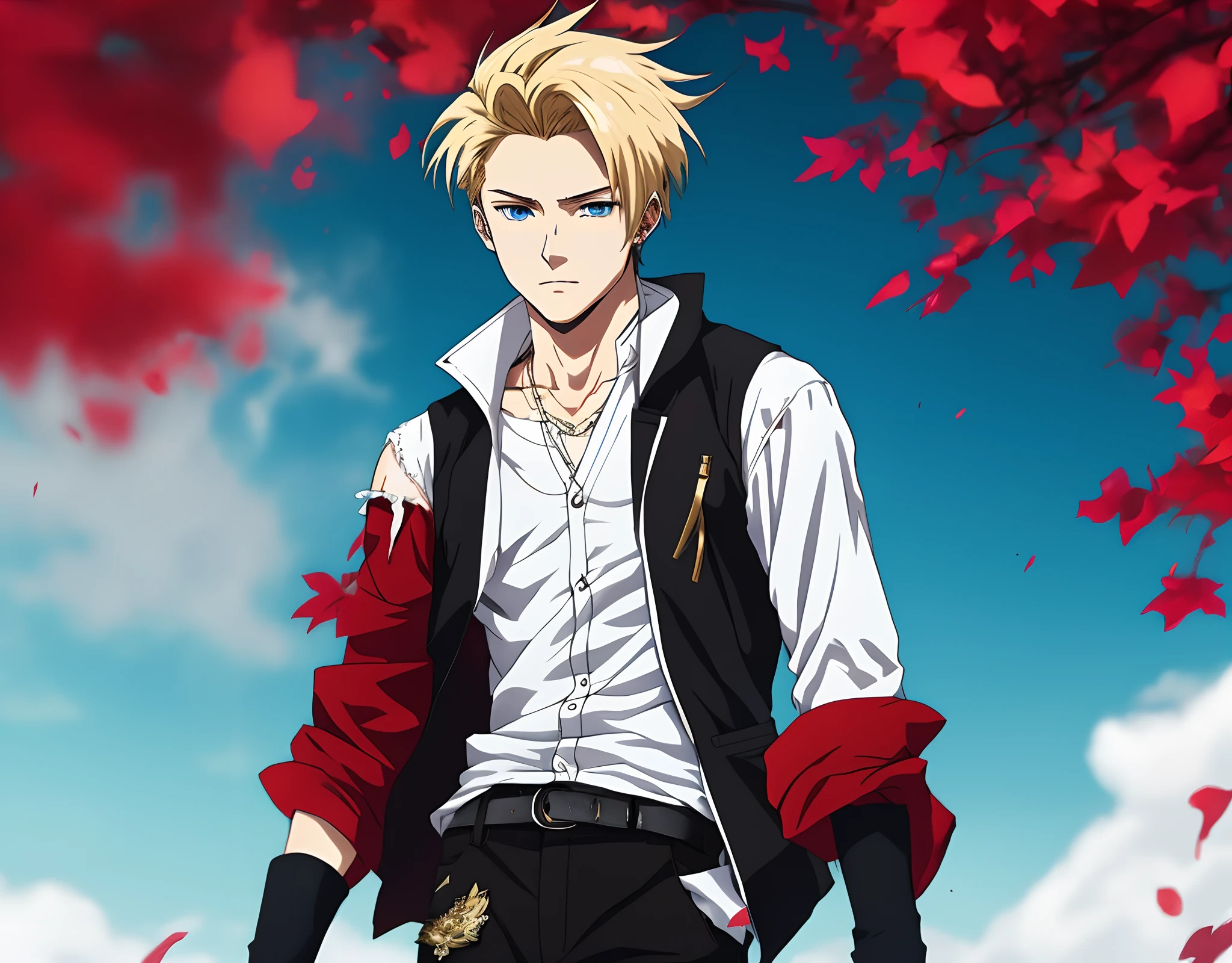 20 year old male, blonde hair, blue eyes, white and gold long sleeve vest, one sleeve ripped at the shoulder revealing a black and red long sleeve undershirt, anime style, carrying sword