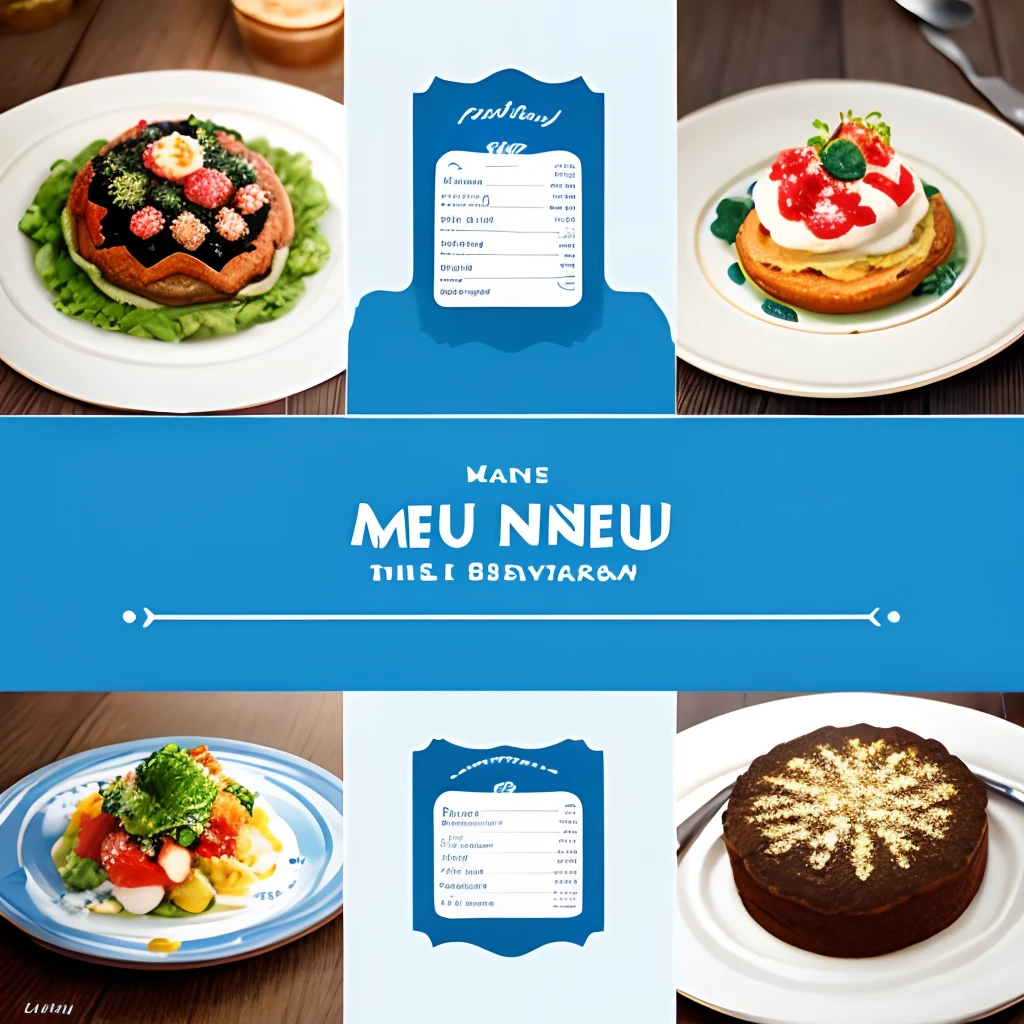 Restorant menu with a blue background designed like a product catalogue a4 sized with eight pictures and name a price