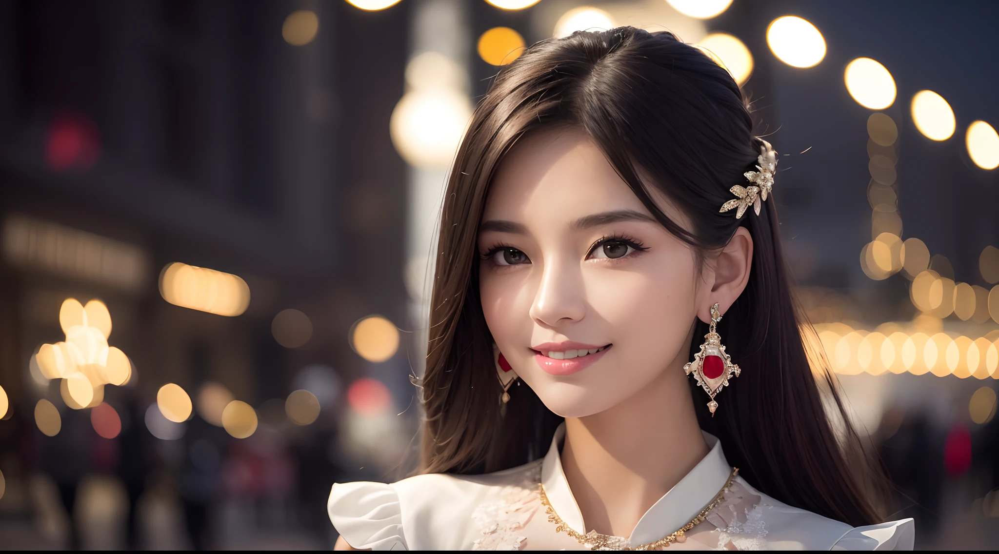 masterpiece, award winning, super detail, high quality, 8k, girl, solo, smile, earrings, fashionable clothes, portrait style, a hotel decorated with illuminations, theme color is off white, accent color is red, bokeh, illumination background, night view, in winter, on a bright sunny day, in the night, soft lighting, lovely, heartfelt