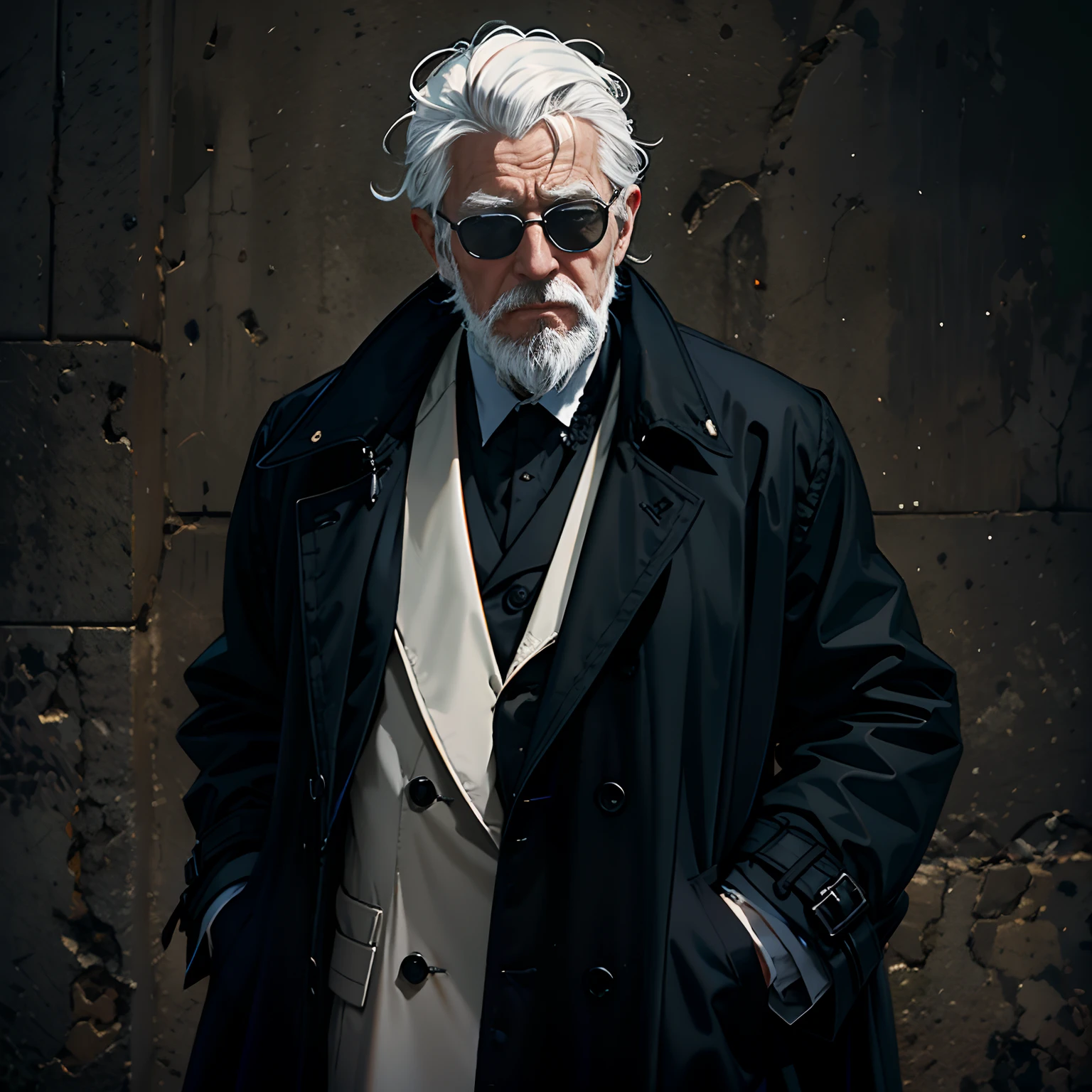 The Butler is a old man with white hair and a beard，Wears a large black trench coat with a black pattern。It is completely two extremes with a stiff face。Dark theme， optic， fanciful。