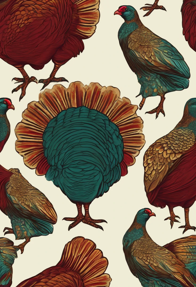 Beautiful repeating beauitful thanksgiving turkey pattern in jewel tones, 3D effect, hyper realistic , pintrest, hex code colors 5ABCB9, 63E2C6, FB6376, 613F75, 0C6291 only, flowing, wallpaper, artistic