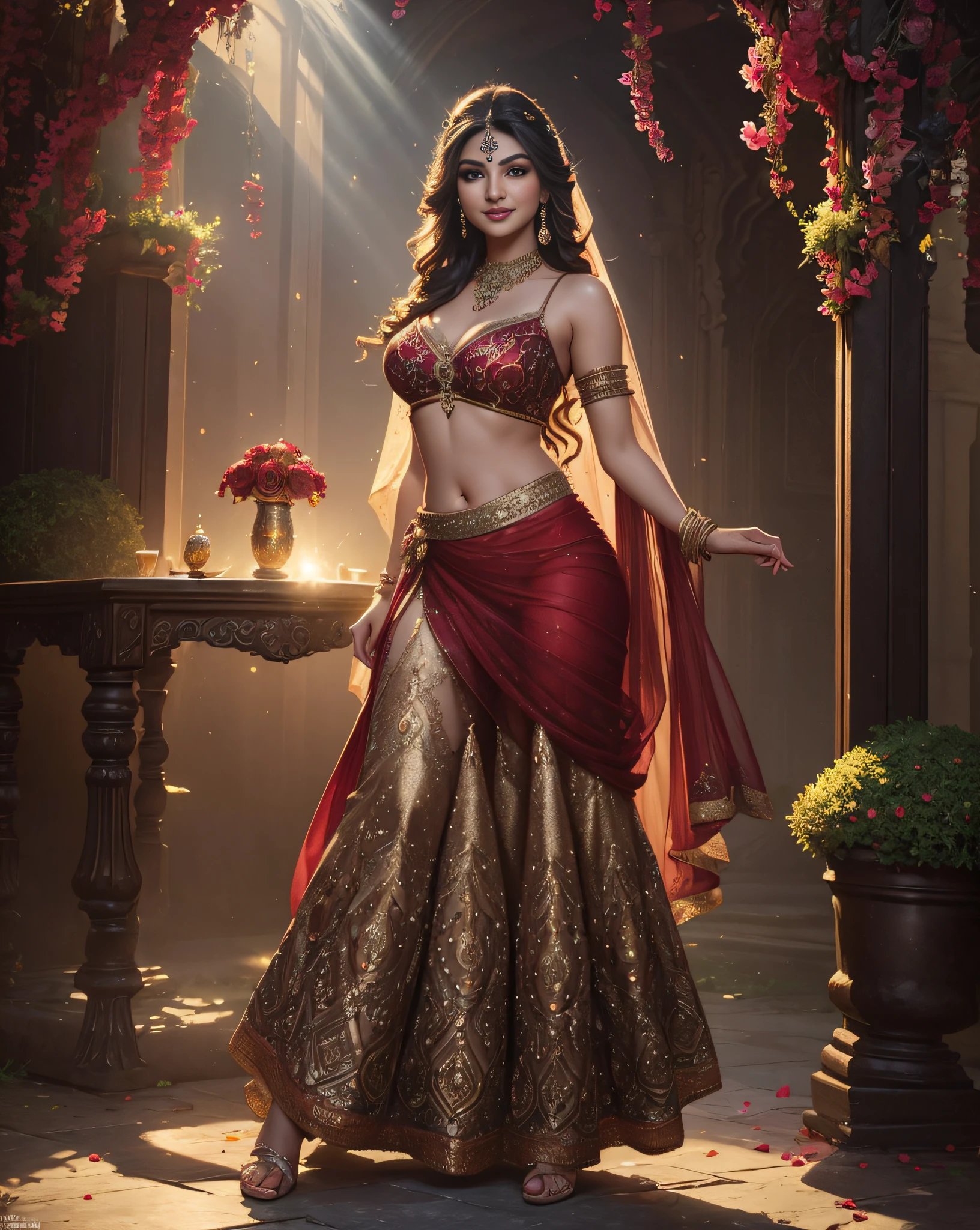 (masterpiece fantasy photography:1.3) of a (solo full body:1.3) ravishing elegant curvy supermodel Urvashi Rautela as persian bride, in a elegant garden wedding, wearing shimmering red lehenga and blouse, navel, glittering henna tattoos, lavish flower decorations, (ravishing long wavy backlit hair), enchanting, (glowing intricate eyes:1.3), (adorable smile:1.3) soft dramatic lighting, flower bouqets everywhere, backlit, light rays, highly detailed, trending on artstation, paint splashes, rich colour, fantasy portrait, by atey ghailan & greg Rutkowski