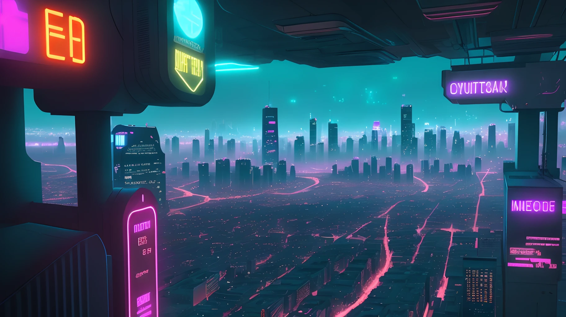A cyberpunk city in 2077 glowing with neon lights