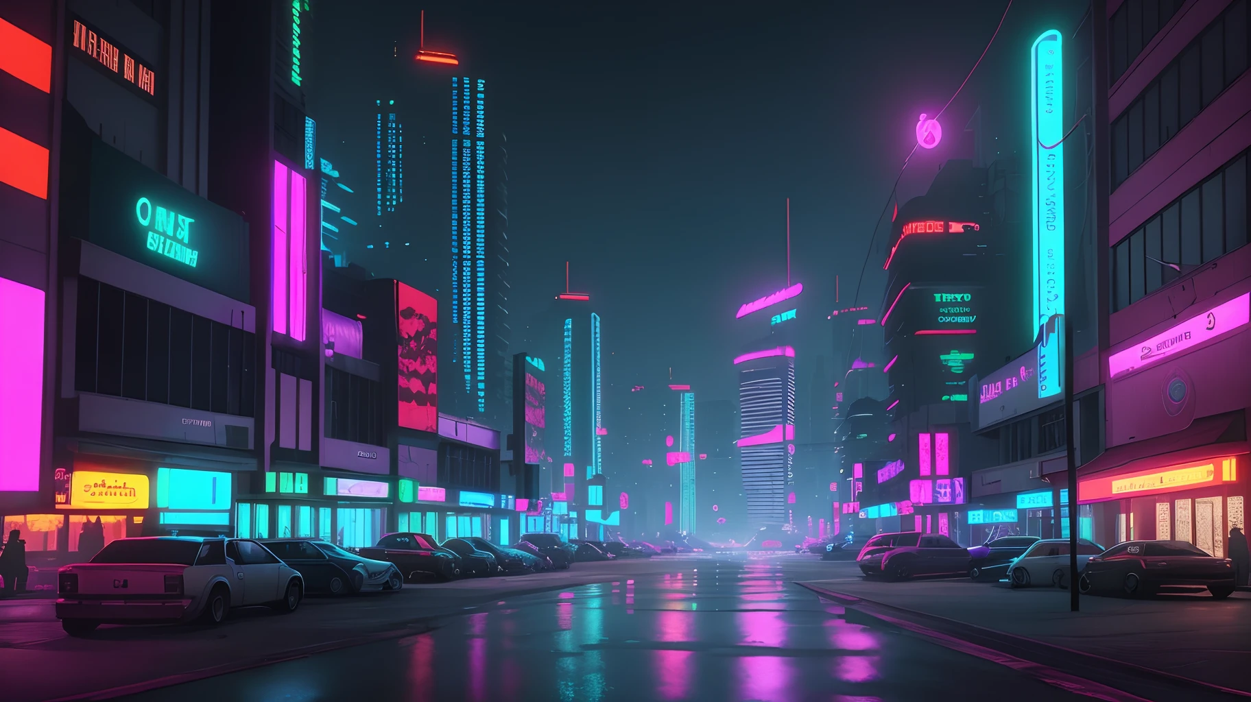 A cyberpunk city in 2077 glowing with neon lights