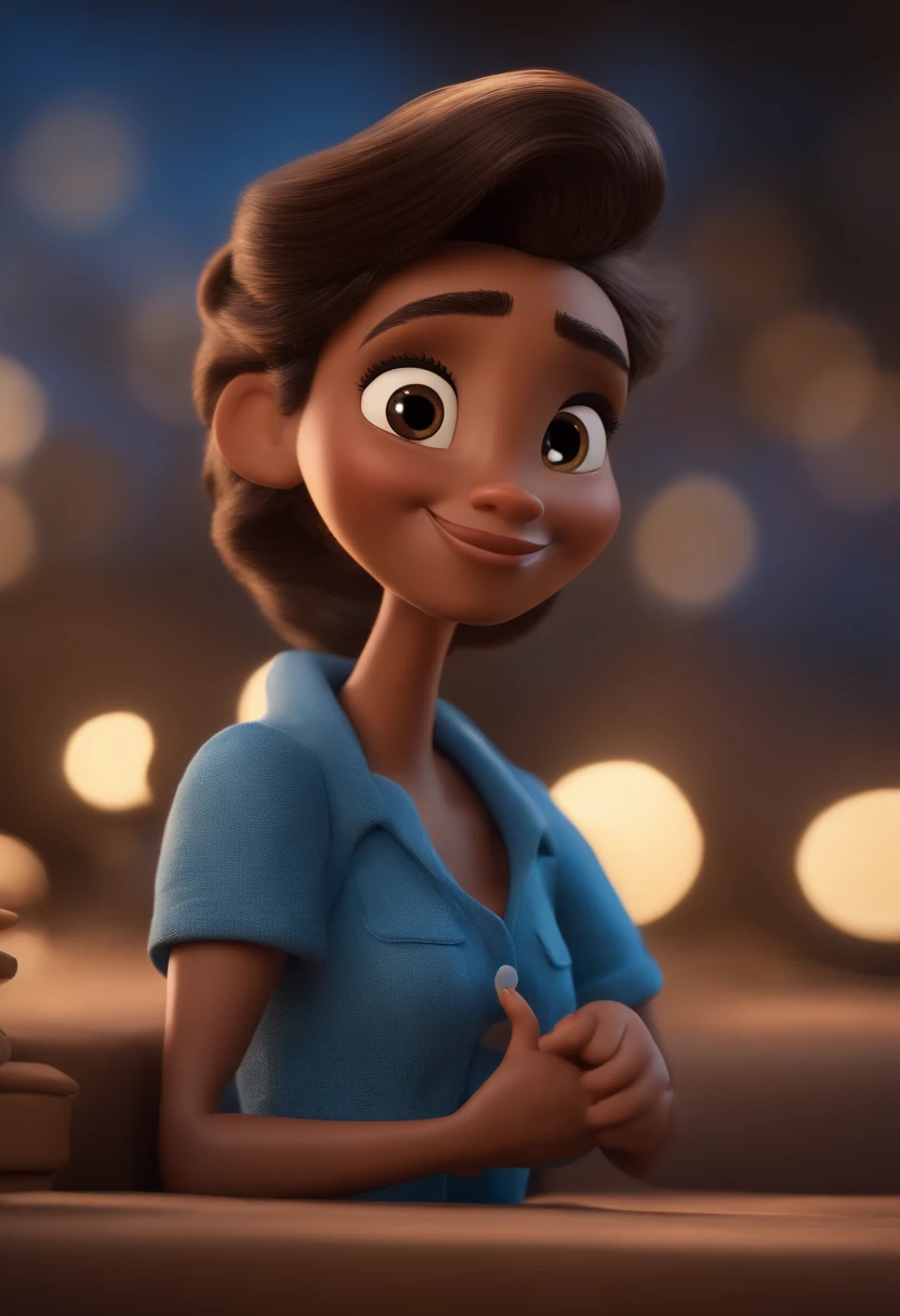 Garoto, estilo disney, tom de pele: claro: Cabelo: marrom escuro, liso, curto, penteado para o lado direito. camisa: social, Cor azul. Fundo: Gray and white gradient,Comemorando, Hands raised, sorrindo, feliz, (estilo pixar) (obra-prima:1.2) (bokeh) (melhor qualidade) (pele detalhada) (textura detalhada) (8k) (claymation) (cinematic lighthing) (foco nítido