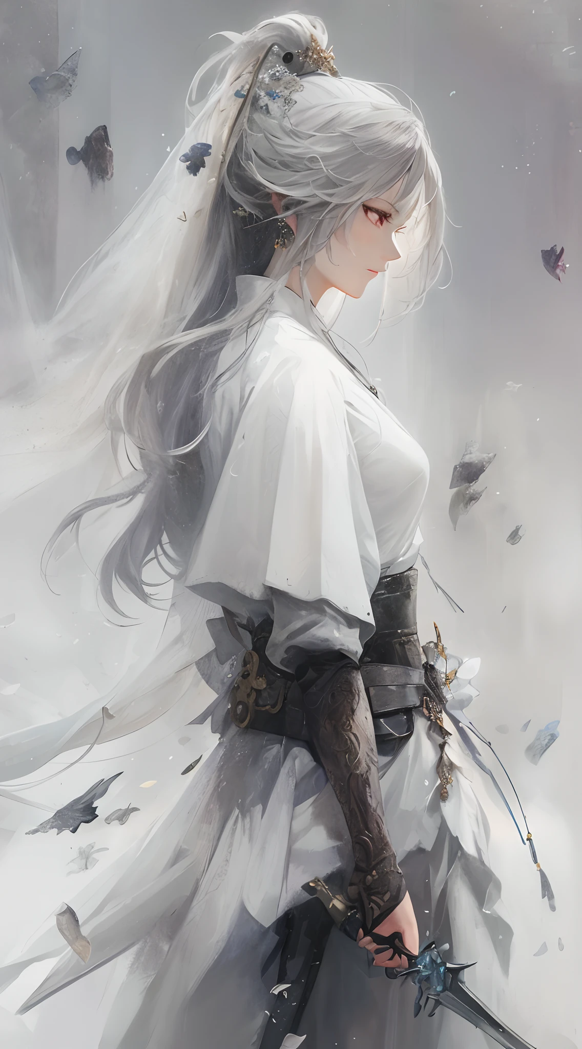 a close up of a woman with a sword in a white dress, a character portrait by Yang J, trending on cgsociety, fantasy art, beautiful character painting, artwork in the style of guweiz, guweiz, white hanfu, flowing white robes, full body wuxia, epic exquisite character art, stunning character art, beautiful female assassin