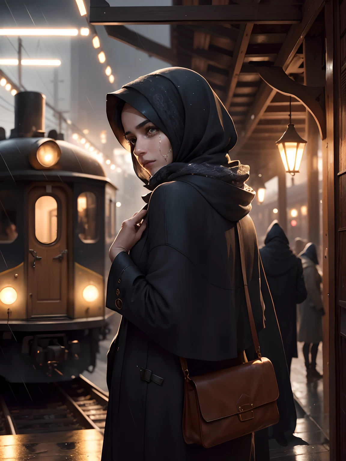 in the year  1900 A young Iranian woman wearing a long over coat is standing  in a steampunk train station. It is night and raining. The woman is sad as she waves goodbye to her husband, who is getting on a train. The husband is  wearing winter cloth. He is standing in the doorway of the train, looking back at his wife. The scene is set in a small town in Iran. The station is made of wood and is lit by a few dim lights. The rain is falling heavily and the wind is blowing. The woman is wearing a luxury hijab and a long black robe. She is sad and her face is covered in tears.