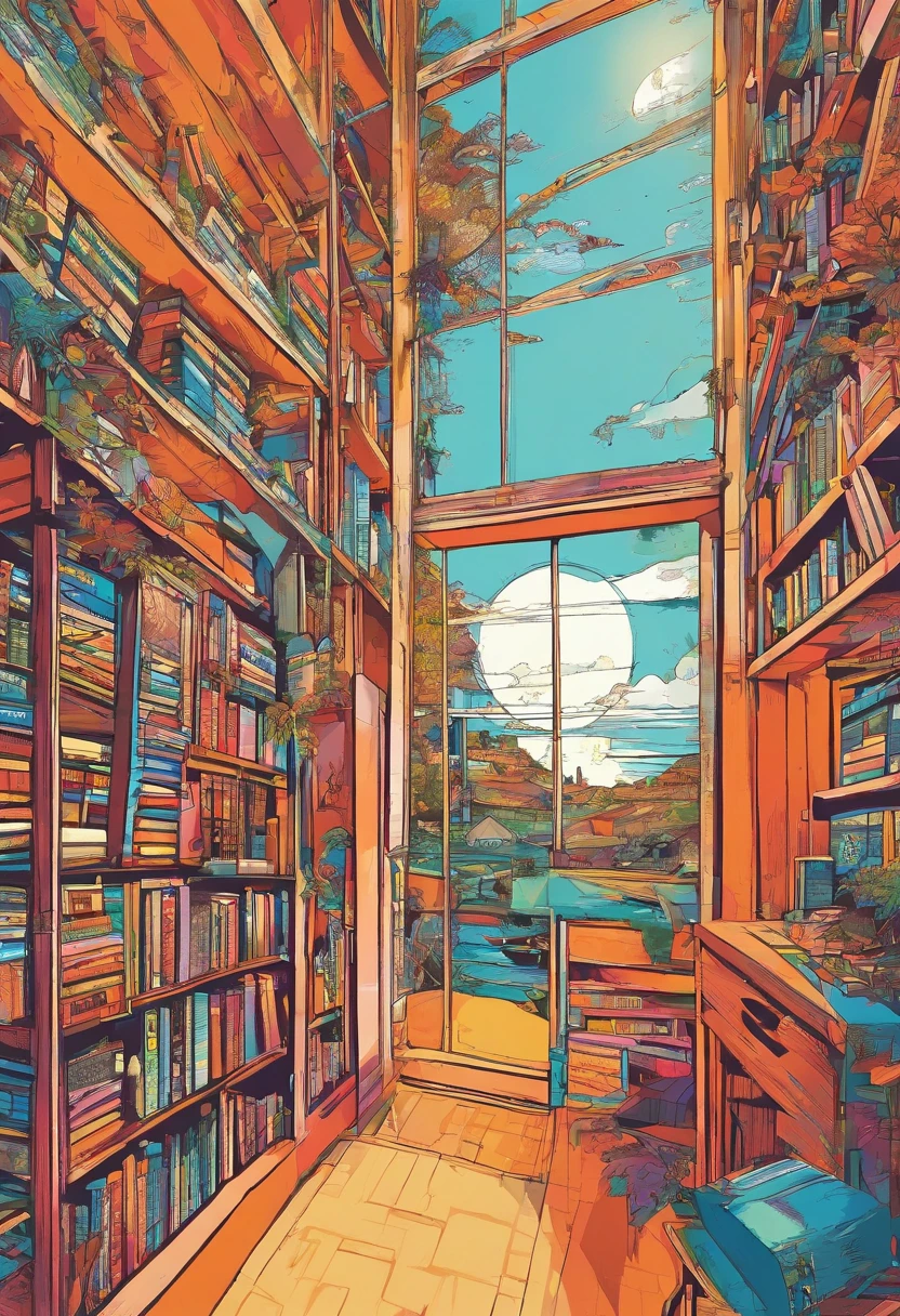 natta、vast library、Three floors、stairwell、Wall-to-wall books、high ceilings、Elevated windows、Moonlight illuminates the room、Retro interior、Frontal line of sight、Look up from a little below、There are no stairs、Desk in the middle、The line of sight should look up from the bottom slightly