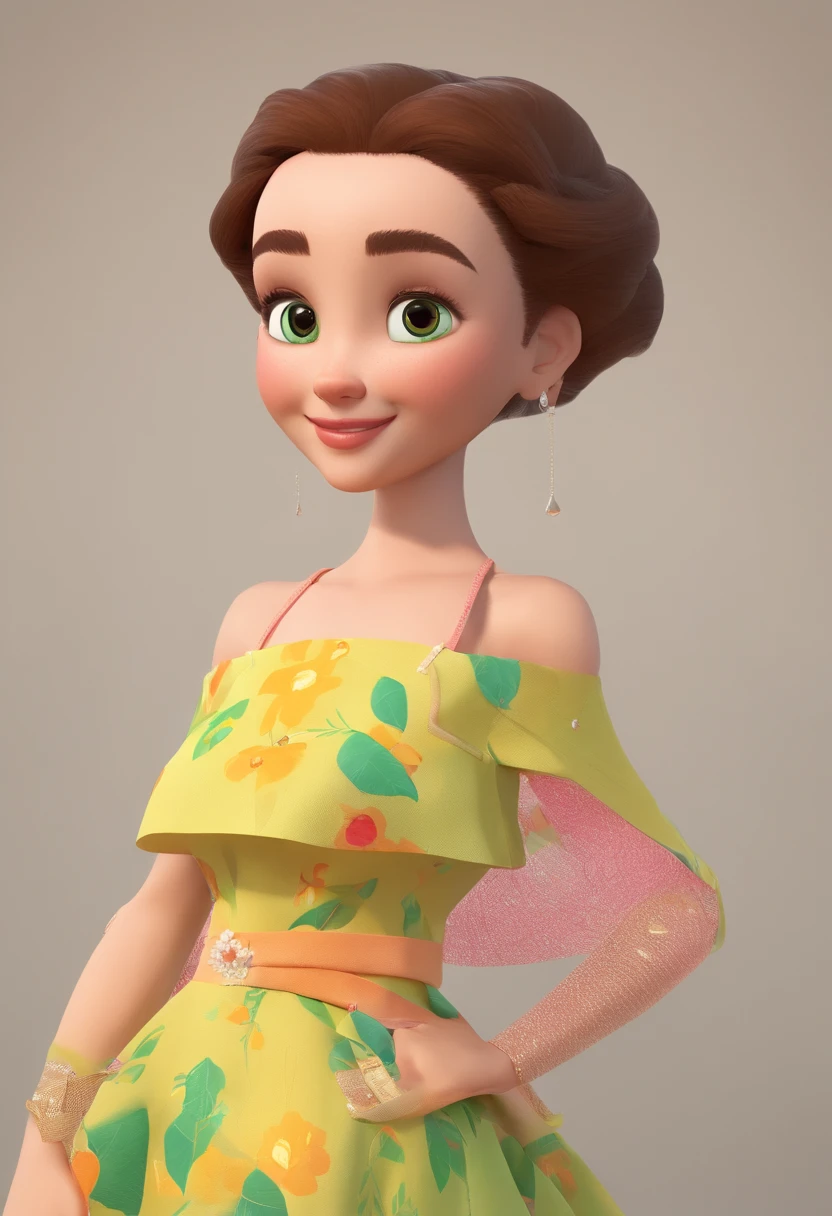 Estilo pixar: uma de 1ano branca, de olhos verdes escuros, The shape of the eye is round, slightly pulled to the sides, cabelo castanho, tamanho do cabelo curto ondulado, testa aberta, nariz arredondado, boca levemente rosa, queixo levemente acentuado, com bastante bochecha, rosto arredondado, The outfit is a yolk yellow dress, The setting is an open garden with rose bushes