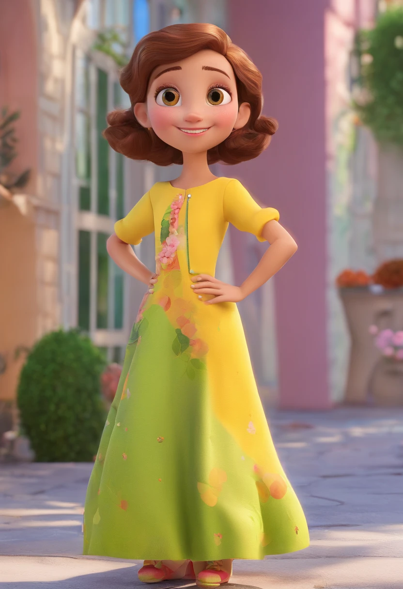 Estilo pixar: uma menina de 1ano branca, de olhos verdes escuros, The shape of the eye is round, slightly pulled to the sides, cabelo castanho, tamanho do cabelo curto ondulado, testa aberta, nariz arredondado, boca levemente rosa, queixo levemente acentuado, com bastante bochecha, rosto arredondado, The outfit is a yolk yellow dress, The setting is an open garden with rose bushes