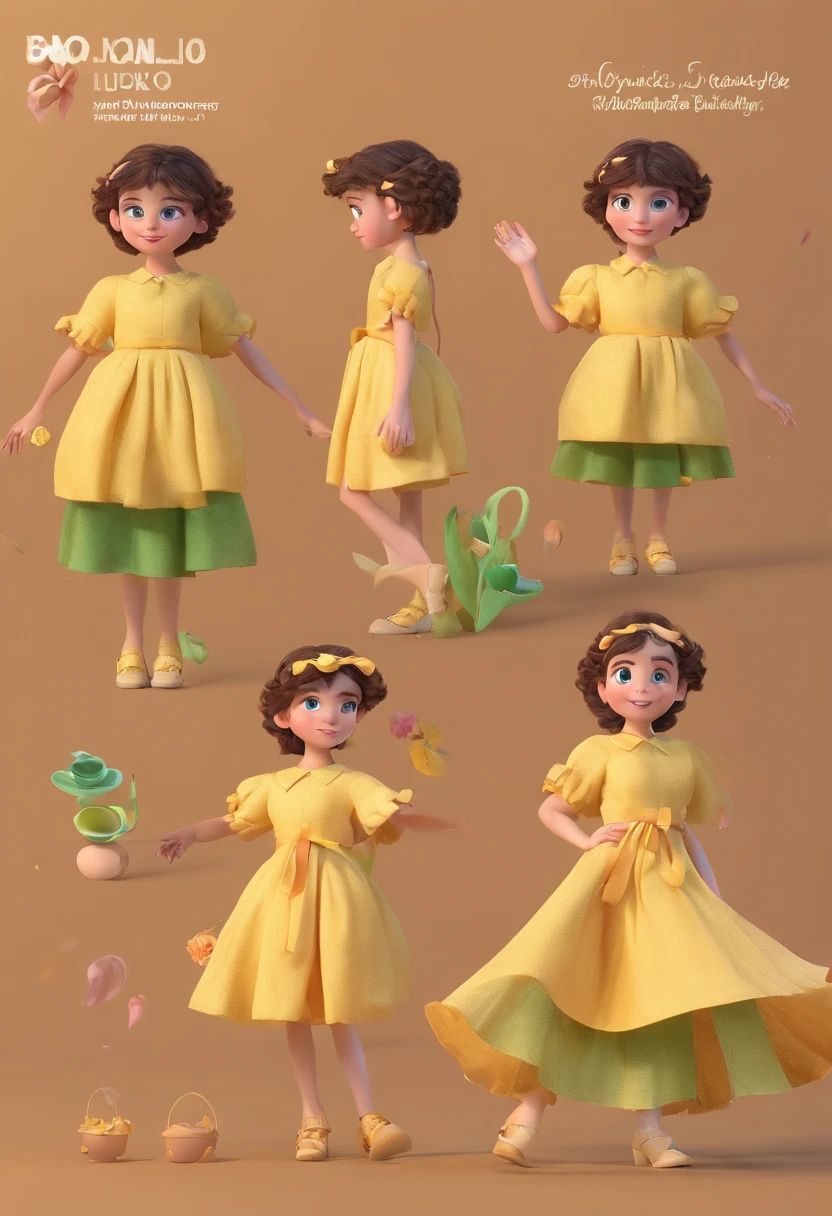 Estilo pixar: uma menina de 1ano branca, de olhos verdes escuros, The shape of the eye is round, slightly pulled to the sides, cabelo castanho, tamanho do cabelo curto ondulado, testa aberta, nariz arredondado, boca levemente rosa, queixo levemente acentuado, com bastante bochecha, rosto arredondado, The outfit is a yolk yellow dress, The setting is an open garden with rose bushes