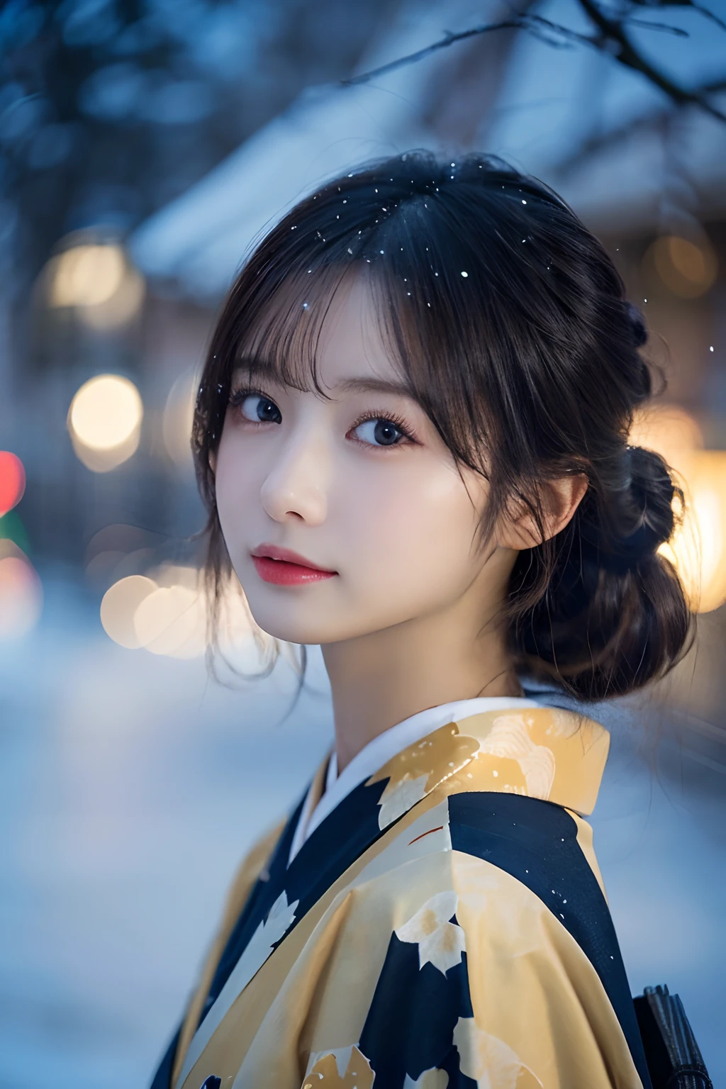 (Kimono)、、(top-quality,masterpiece:1.3,超A high resolution,),(ultra-detailliert,Caustics),(Photorealsitic:1.4,RAW shooting,)Ultra-realistic capture,A highly detailed,high-definition16Kfor human skin、 Skin texture is natural、、The skin looks healthy with an even tone、 Use natural light and color,One Woman,japanes,,kawaii,A dark-haired,Middle hair,(depth of fields、chromatic abberation、、Wide range of lighting、Natural Shading、)、、(Falling snow:1.2)、(Hair swaying in the wind:1.2)、(Snow reflects off the outside lights at night:1.1)
