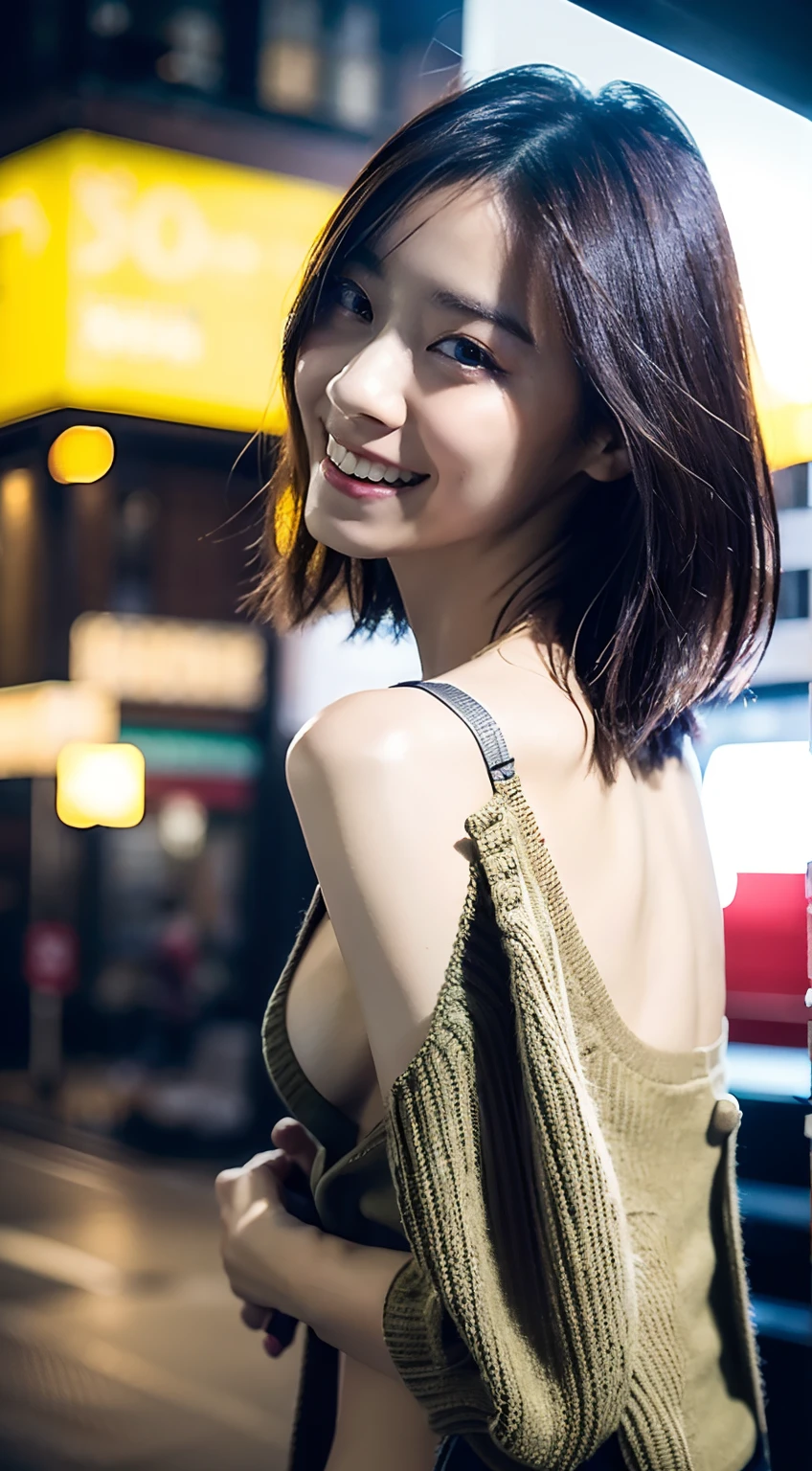 nffsw:0.9,(Photorealsitic:1.4)、(hyper realisitic:1.4)、(realisitic:1.3)、(Smooth lighting:1.05)、(Improved lighting quality in movies:0.9)、32K、1girl in、32years old、Realistic lighting、Back lighting、Facial light、raytrace、(brightened light:1.2)、(enhanced quality:1.4)、(Top quality real texture skins:1.4)、finely eye、finerly detailed face、Fine quality eye、(Tired, sleepy and satisfied:0.0)、Cute woman looking back at the pedestrian crossing、full bodyesbian、(Rotation angle)、Dark khaki cardigan in sweater material、Wear a bra under a cardigan、The color of the bra is moss green、A smile、Smile with open mouth、sexy facial expression、The height is 157 cm、((The position of the hands hides the boobs at chest level))、A-cup body shape、flat breast、Pretty women:1.3、A-cup、very slender body:2.8、(Medium Hair、Super small breasts:1.8)、very flat chest:1.8、very slender body、Slender Abs、Trendy tight jeans、The shape of the buttocks is visible、Small buttocks