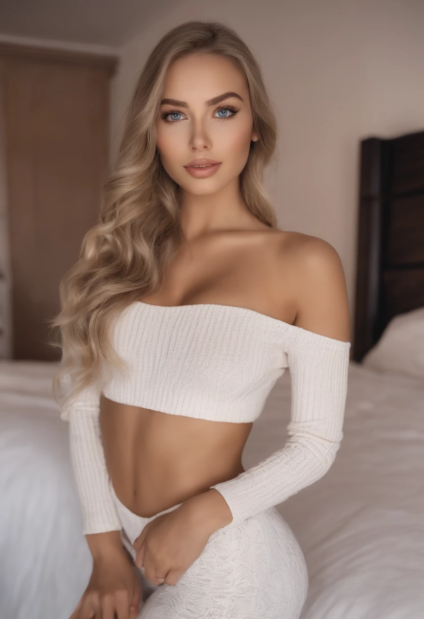 arafed woman fully , sexy girl with blue eyes, ultra realistic, meticulously detailed, portrait sophie mudd, blonde hair and large eyes, selfie of a young woman, bedroom eyes, violet myers, without makeup, natural makeup, looking directly at the camera, face with artgram, subtle makeup, stunning full body shot kneeling on bed, large hips, very large bust, in bedroom,