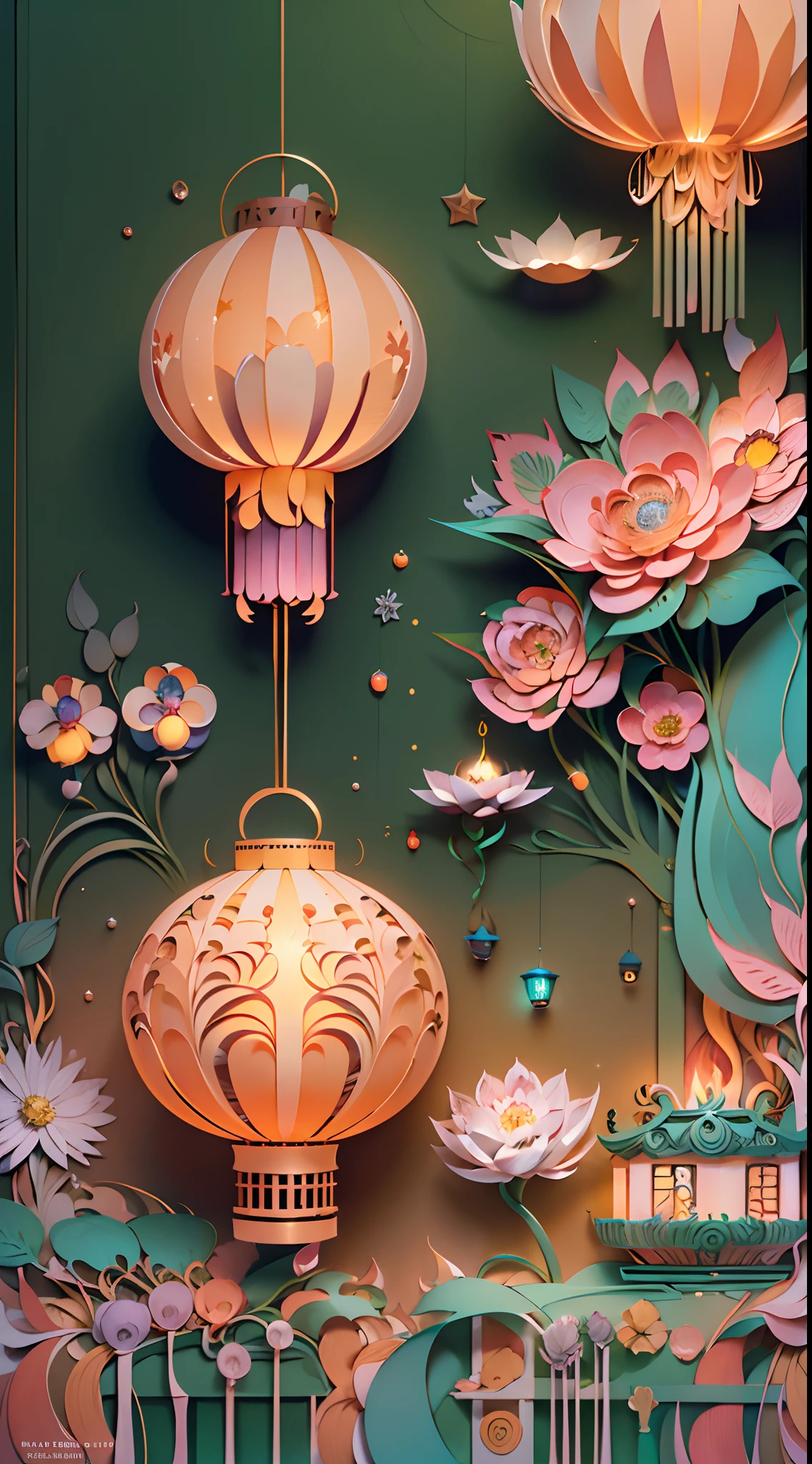 （（（tmasterpiece））），best qualtiy，illustratio，new year，lanterns，fire works，the space，Paper_cut，Bright color scheme, Soft light,(Warm colors:1.2),watercolor paiting, Light background, Best quality, Exquisite details,3D rendering of,octanerender, Pastel, Paper，