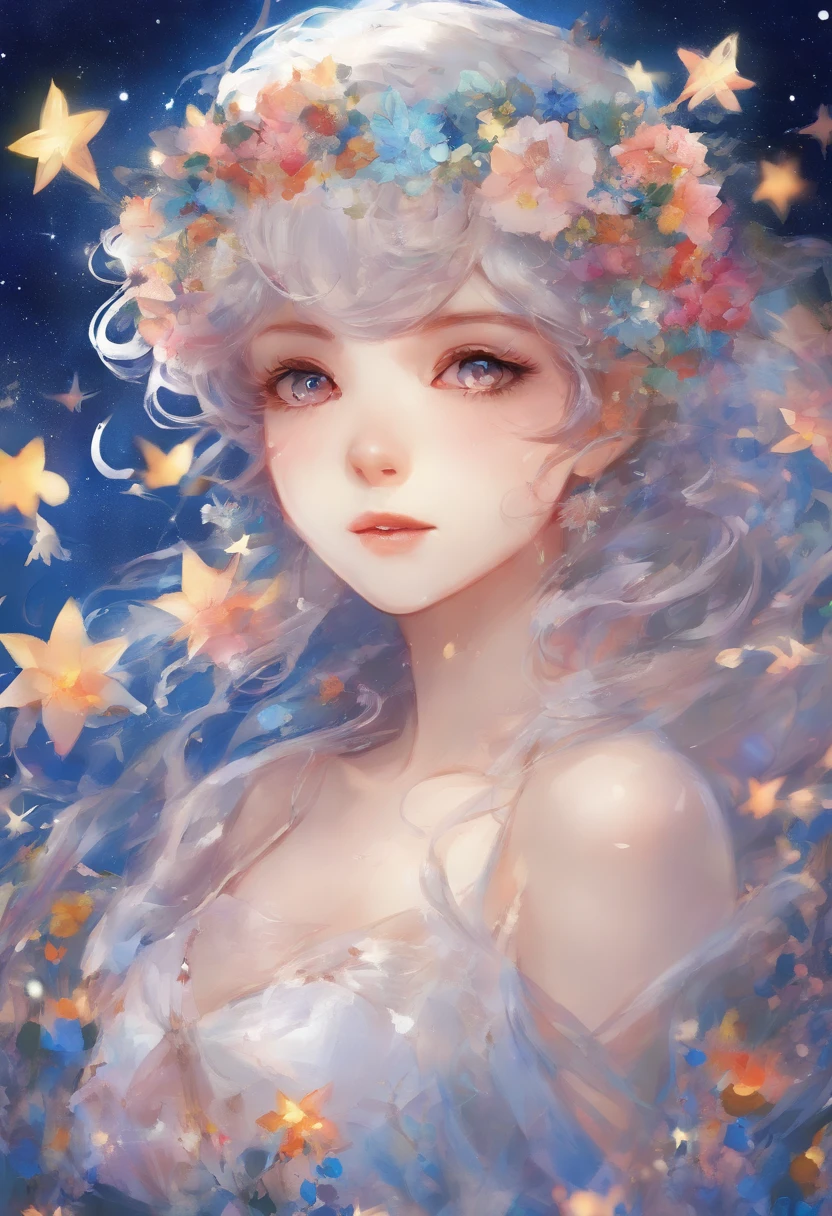 up close shot, Anime girl wearing white glass , Stand on the land,Night view ,Lots of stars in the night sky,milkyway ,Colorful flowers,Close-up of a headshot, Oil painting style, Very obvious oil painting strokes, impressionist palette style, 32K UHD, Beautiful, booru, old time, Color Cartoon - AR 3:4 --