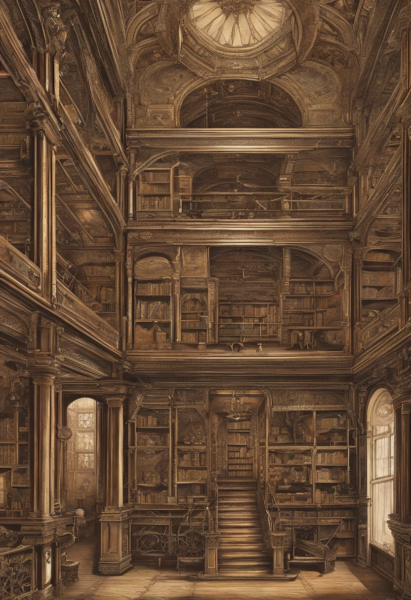 natta、vast library、Three floors、stairwell、Wall-to-wall books、high ceilings、Elevated windows、Moonlight illuminates the room、Retro interior、Frontal line of sight、Look up from a little below、There are no stairs、Desk in the middle、The line of sight should look up from the bottom slightly