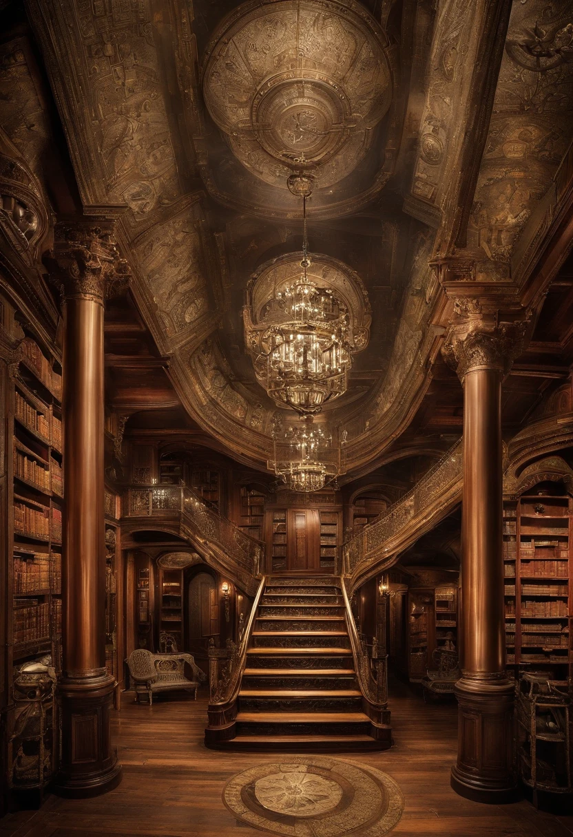natta、vast library、Three floors、stairwell、Wall-to-wall books、high ceilings、Elevated windows、Moonlight illuminates the room、Retro interior、Frontal line of sight、Look up from a little below、There are no stairs、Desk in the middle、The line of sight should look up from the bottom slightly