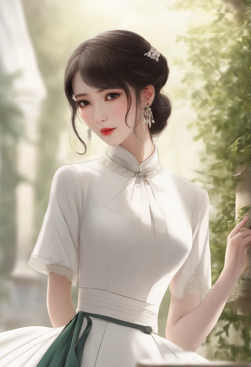 She wears a white short-sleeved shirt,A white suit skirt and white leather shoes,Almost all white,The body is slender and therefore long,white complexion、Delicate,Olive-shaped face shape,A pair of clear eyes,The bridge of the nose is slightly higher and straighter,The reddish lips without any lipstick were tightly closed,Two thin lines appeared next to the chin、Crooked、Crescent-shaped textures。Long hair with a slight curl,Allow it to roll naturally behind the ears and at the base of the neck。earlobe、There are no ornaments on the neck。Although the black hair on the sideburns has been mixed with silver threads,She didn't look too old;