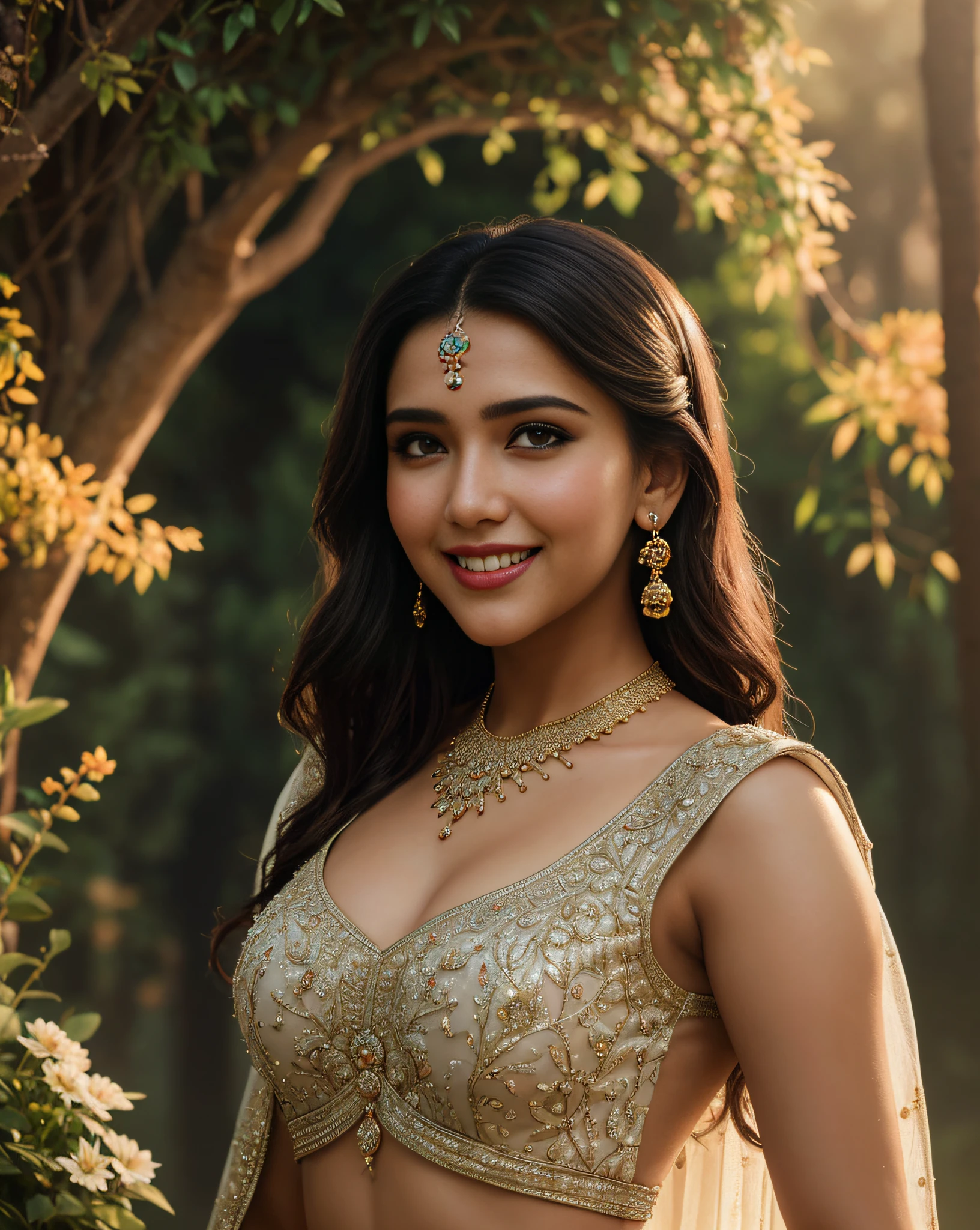 (masterpiece fantasy photography:1.3) of a (solo:1.3) ravishing elegant chubby supermodel Sonam Bajwa as persian bride, in a elegant garden wedding, wearing shimmering red lehenga and blouse, navel, glittering henna tattoos, lavish flower decorations, (ravishing long wavy backlit hair), enchanting, (glowing intricate eyes:1.3), (adorable smile:1.3) soft dramatic lighting, flower bouqets everywhere, backlit, light rays, highly detailed, trending on artstation, paint splashes, rich colour, fantasy portrait, by atey ghailan & greg Rutkowski