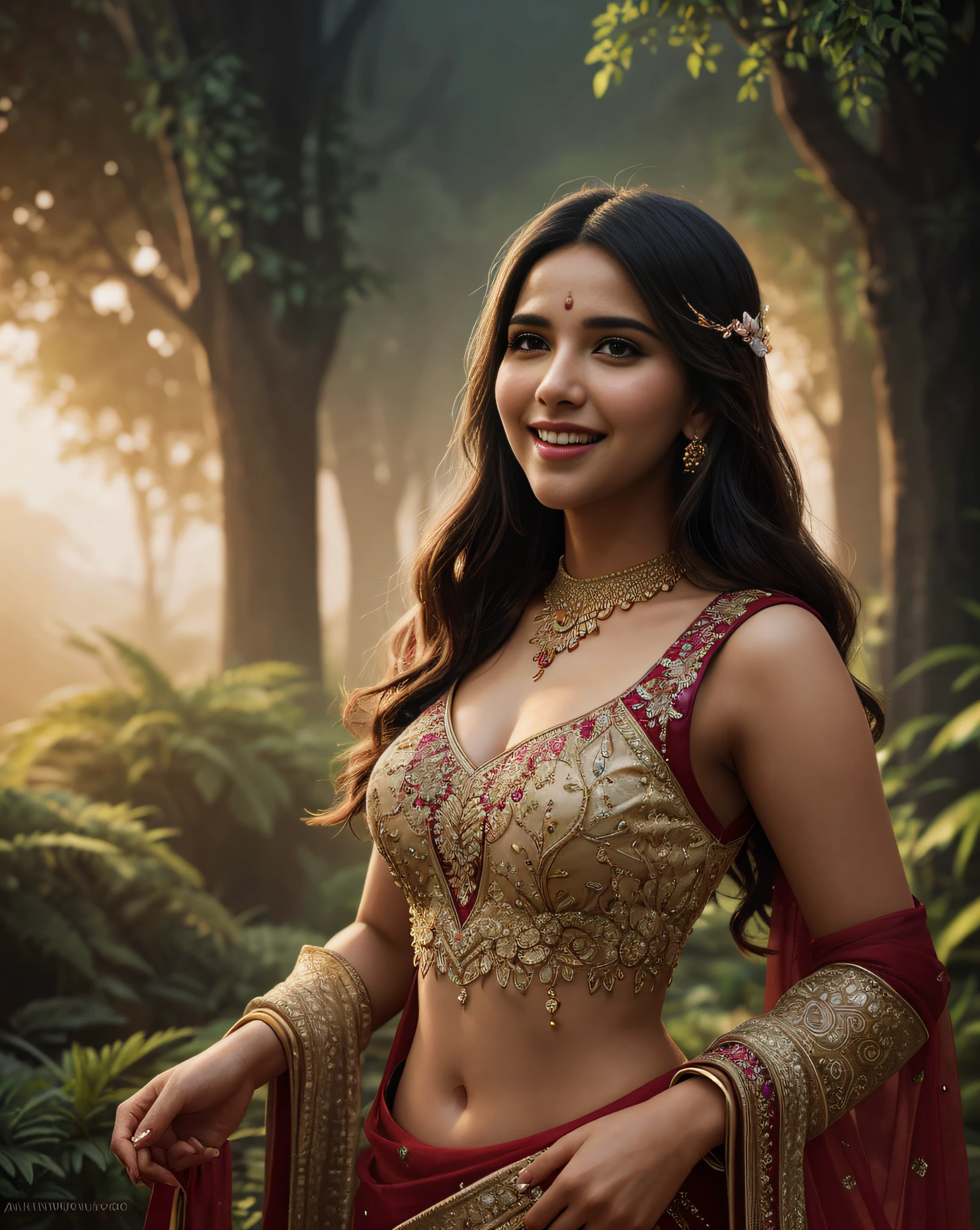 (masterpiece fantasy photography:1.3) of a (solo:1.3) ravishing elegant chubby supermodel Sonam Bajwa as persian bride, in a elegant garden wedding, wearing shimmering red lehenga and blouse, navel, glittering henna tattoos, lavish flower decorations, (ravishing long wavy backlit hair), enchanting, (glowing intricate eyes:1.3), (adorable smile:1.3) soft dramatic lighting, flower bouqets everywhere, backlit, light rays, highly detailed, trending on artstation, paint splashes, rich colour, fantasy portrait, by atey ghailan & greg Rutkowski